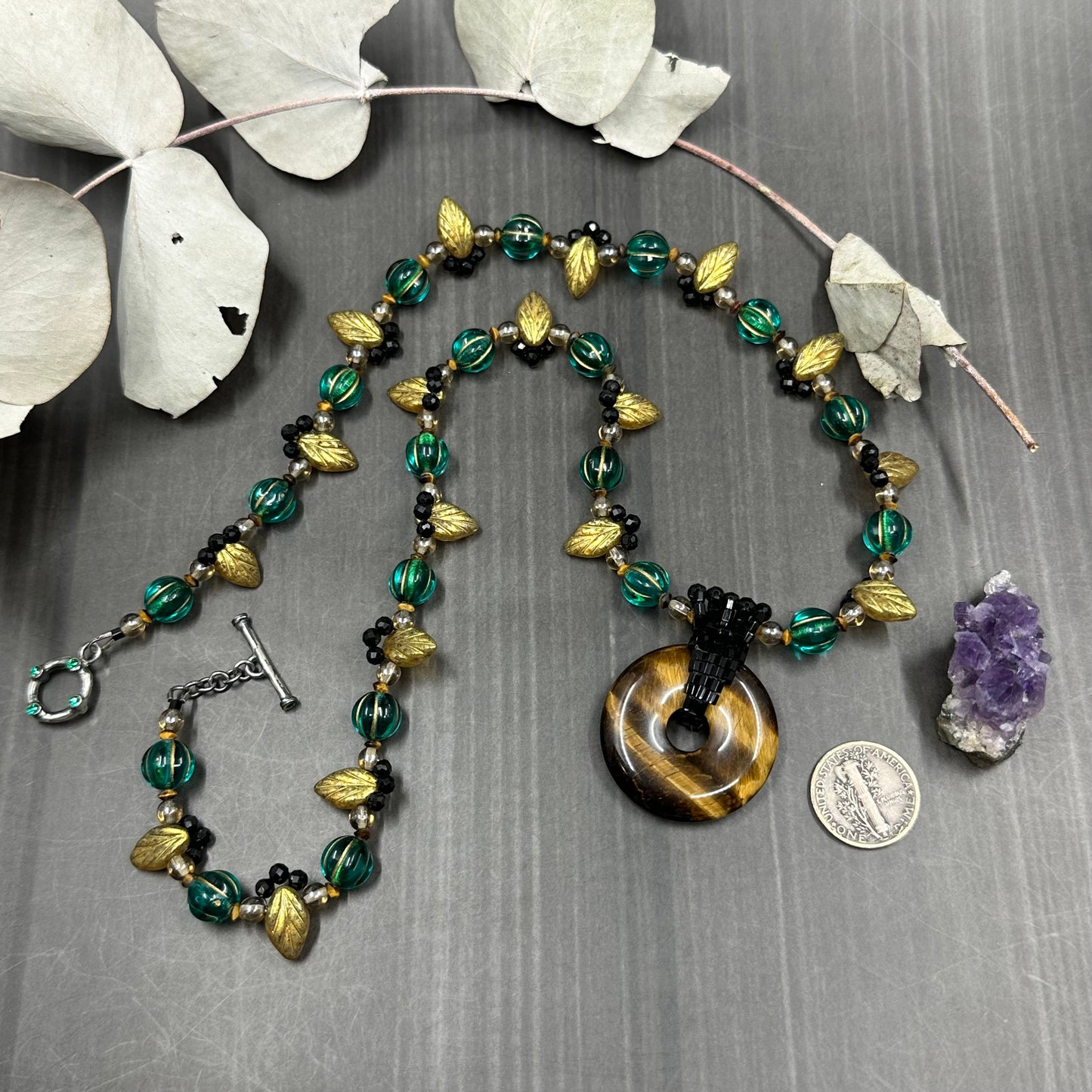 Floral Lace necklace with glass, tiger eye, and black tourmaline