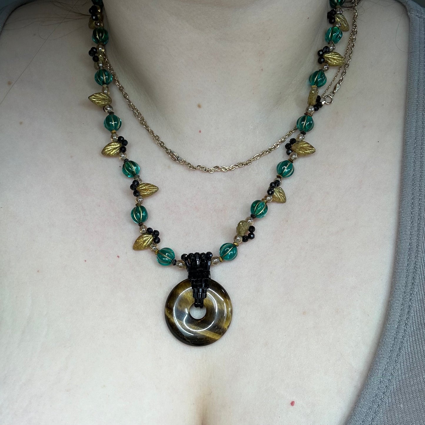 Floral Lace necklace with glass, tiger eye, and black tourmaline
