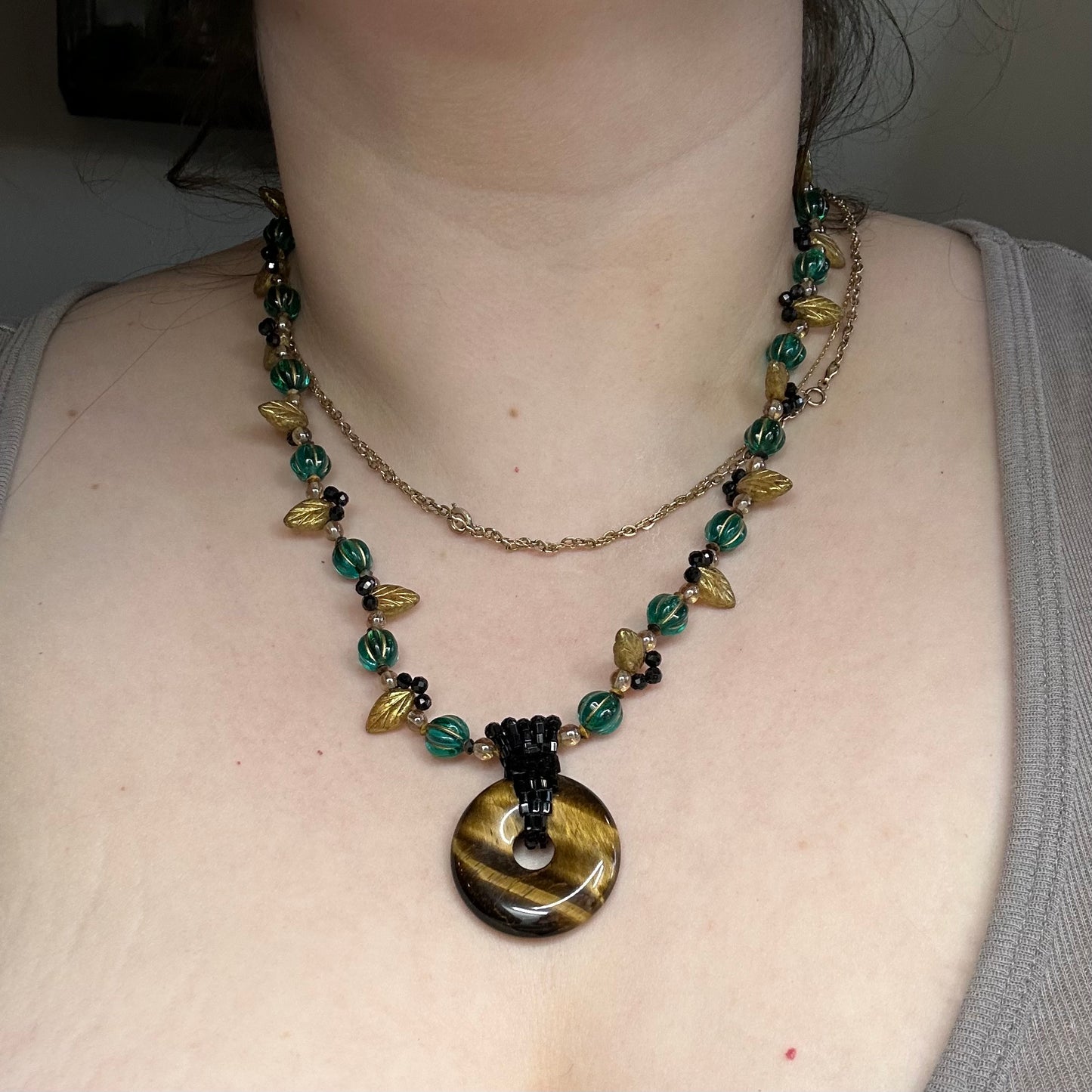 Floral Lace necklace with glass, tiger eye, and black tourmaline