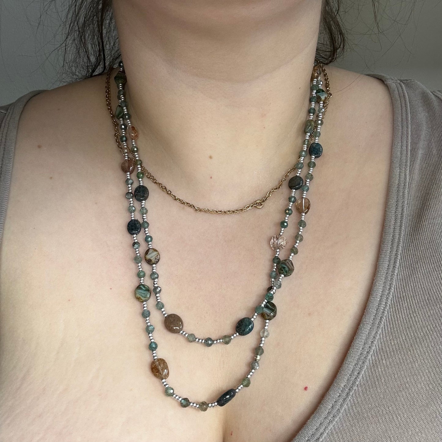 Long layering or wrapping piece with Kyanite, Apatite, Glass, and Rutilated Quartz