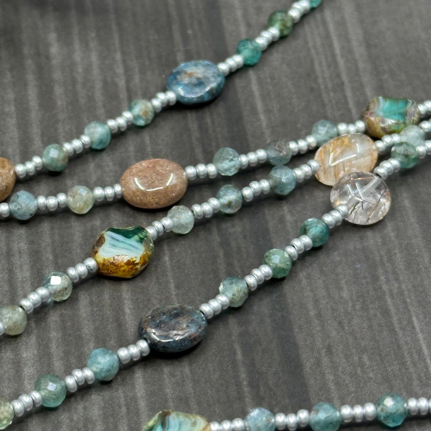 Long layering or wrapping piece with Kyanite, Apatite, Glass, and Rutilated Quartz