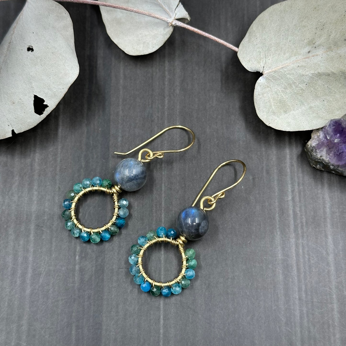 Labradorite and Apatite Earrings in Brass