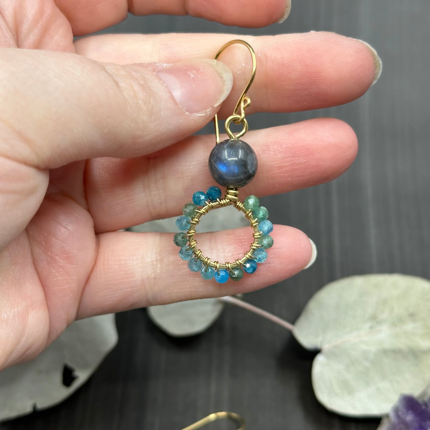 Labradorite and Apatite Earrings in Brass
