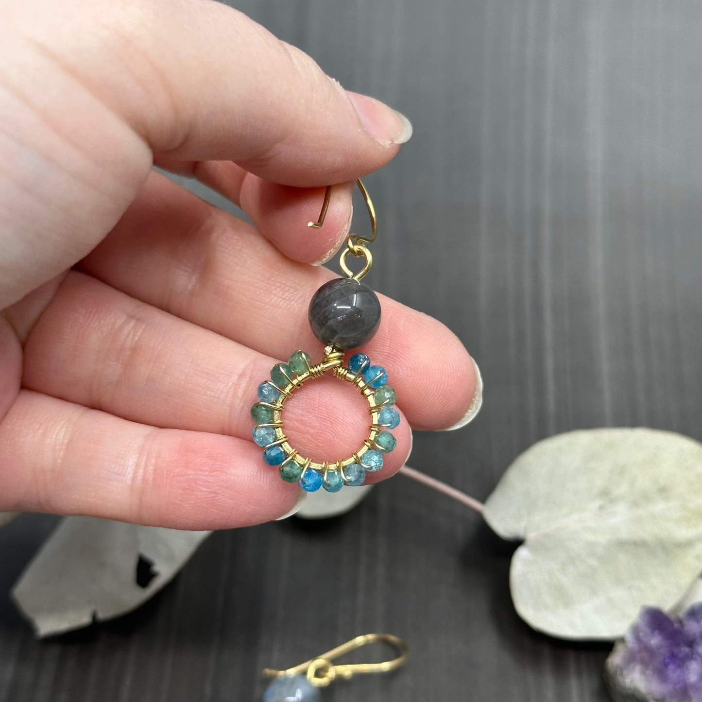 Labradorite and Apatite Earrings in Brass