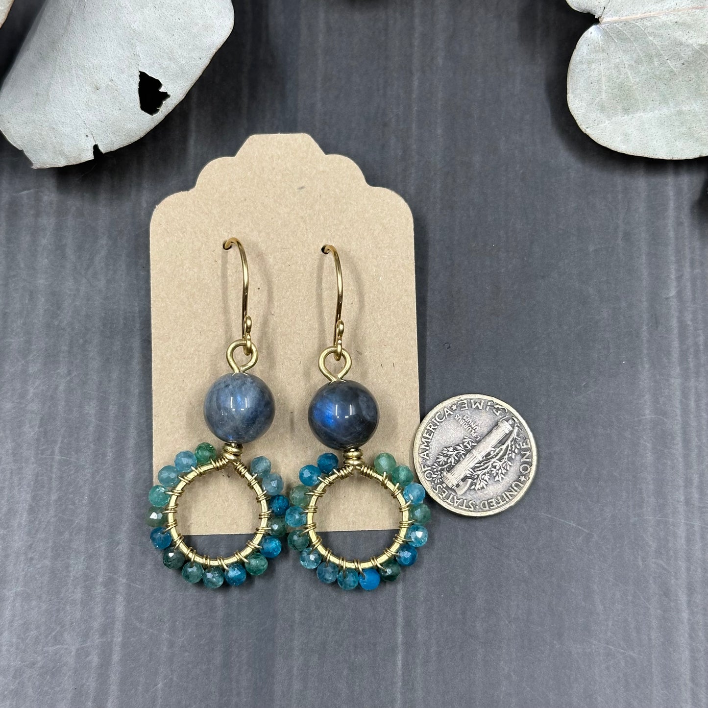 Labradorite and Apatite Earrings in Brass