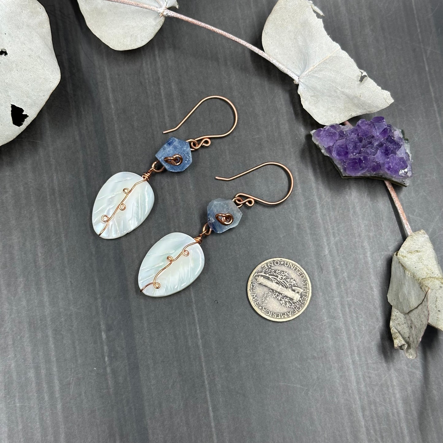 Blue kyanite roses with Mother of Pearl earrings in copper