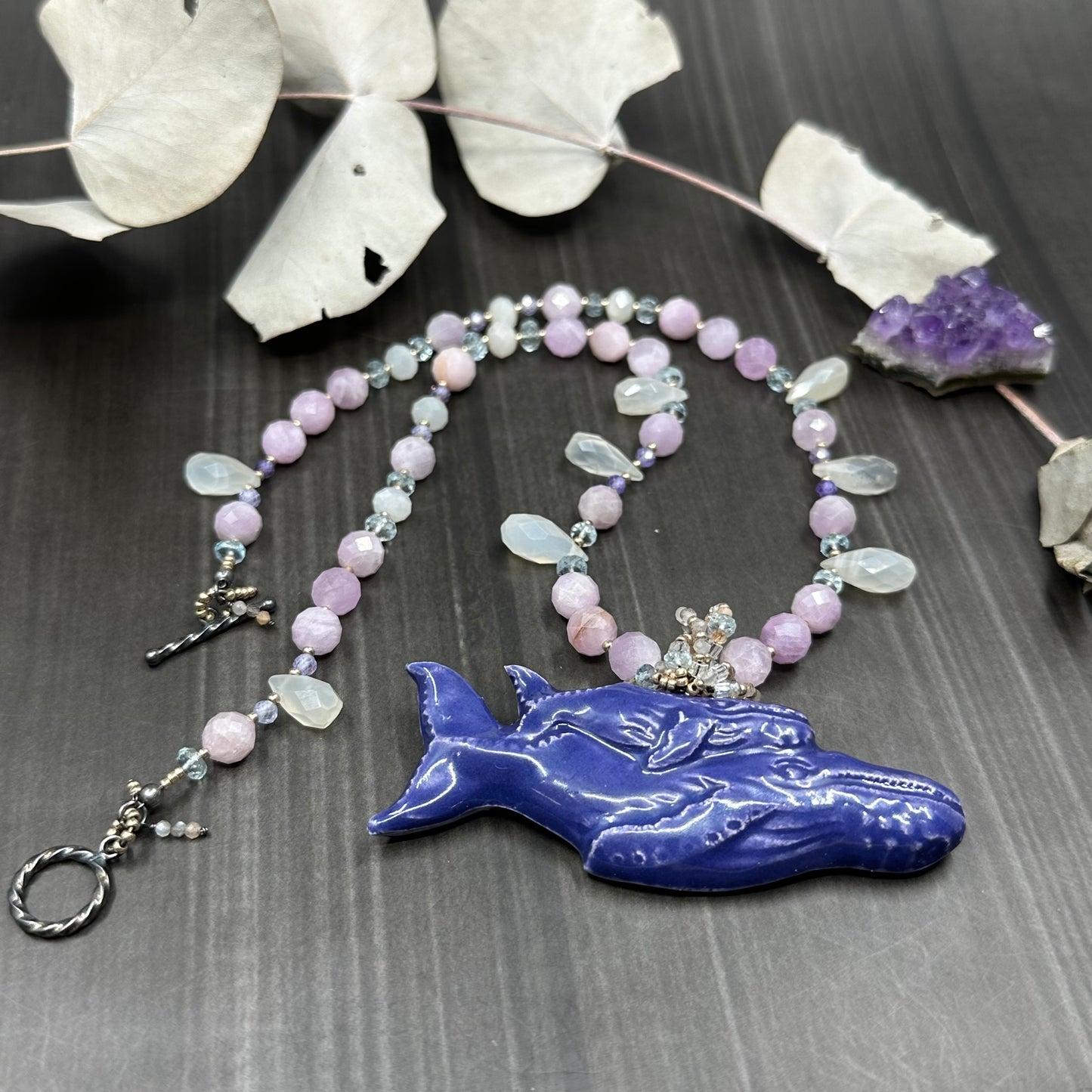 Kunzite, Aquamarine, and Moonstone Ceramic Whale Necklace