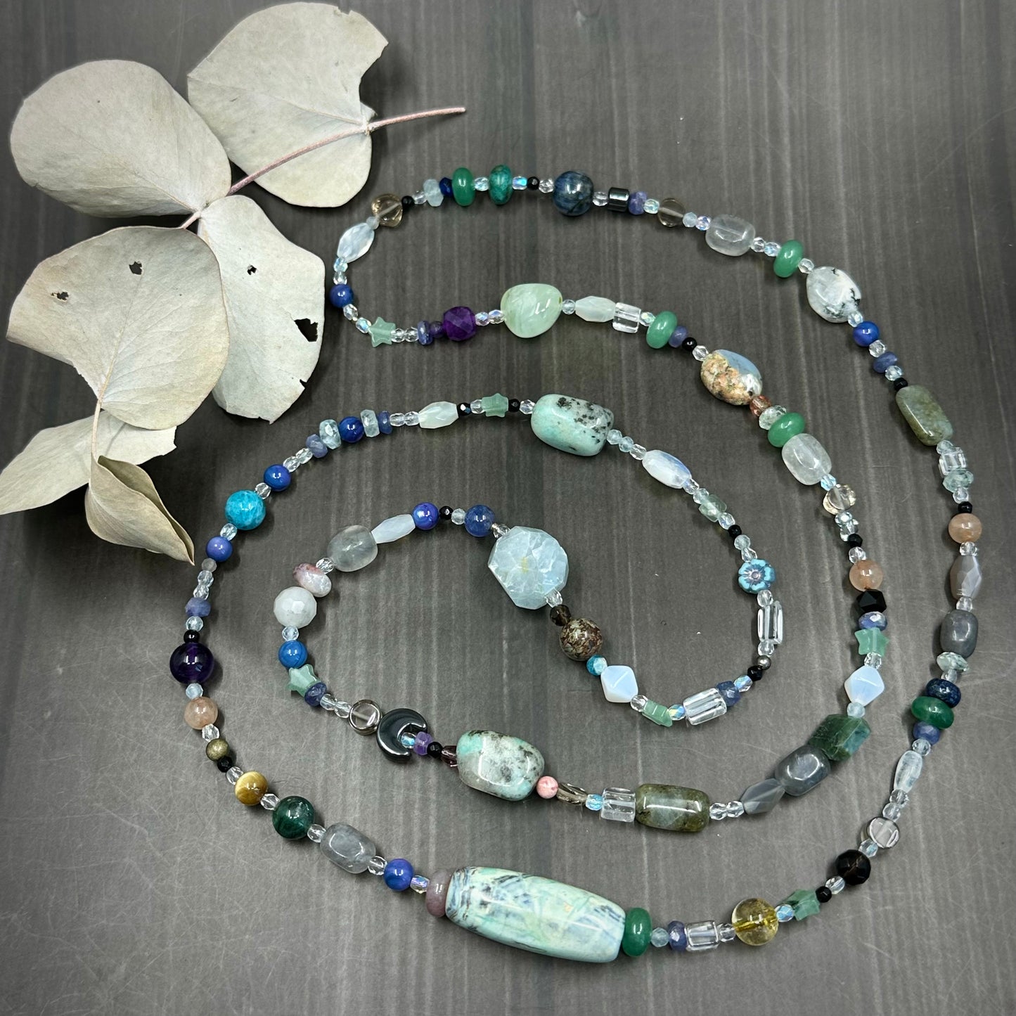 40" Long Eclectic Gemstone Necklace in Light Blue