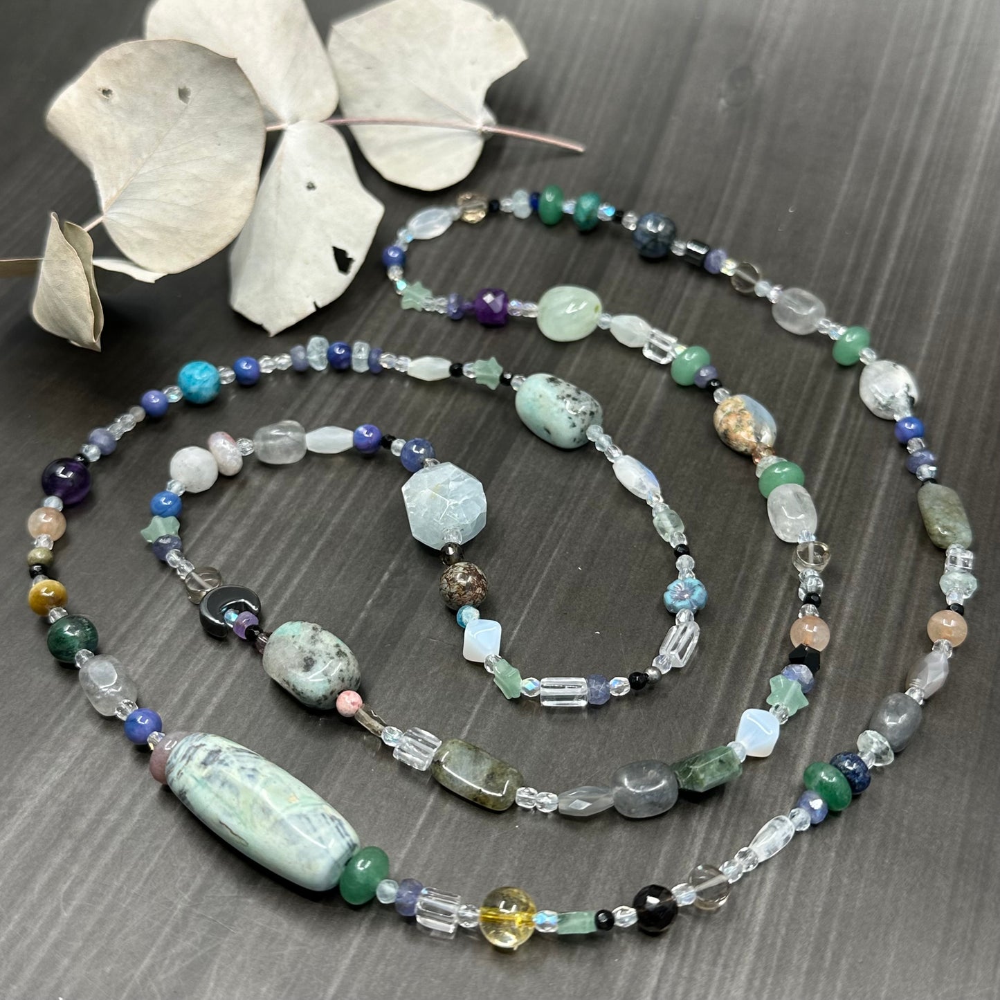 40" Long Eclectic Gemstone Necklace in Light Blue
