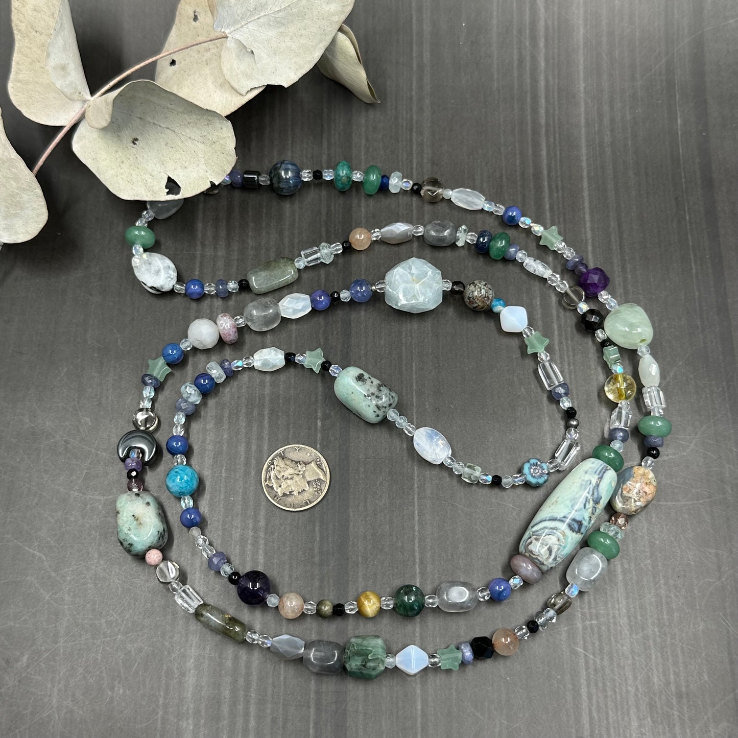 40" Long Eclectic Gemstone Necklace in Light Blue
