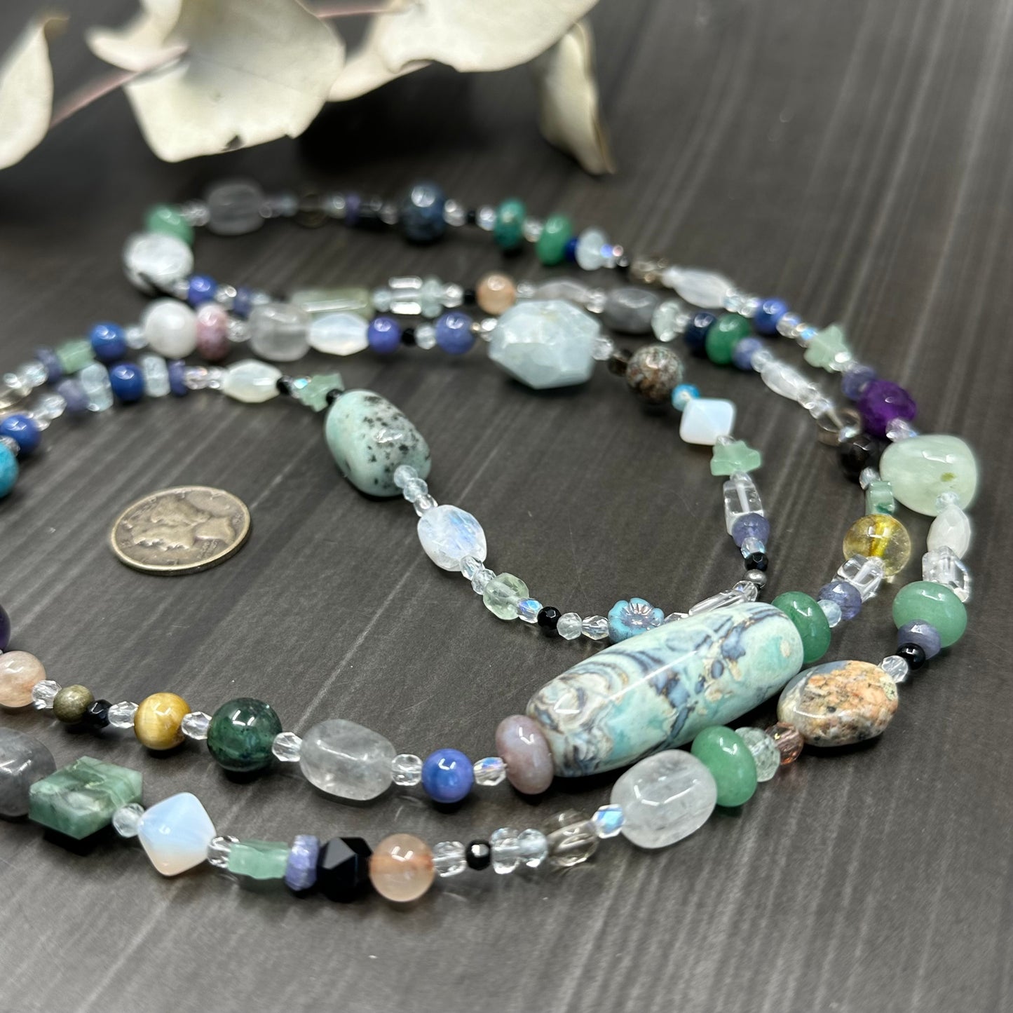 40" Long Eclectic Gemstone Necklace in Light Blue