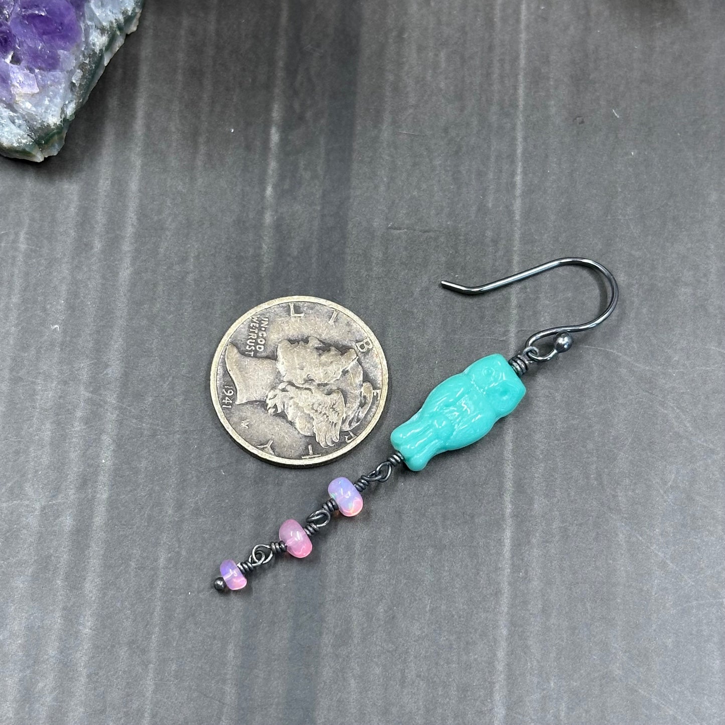 Minty blue czech glass owls with sparkling pink opals earrings in sterling silver