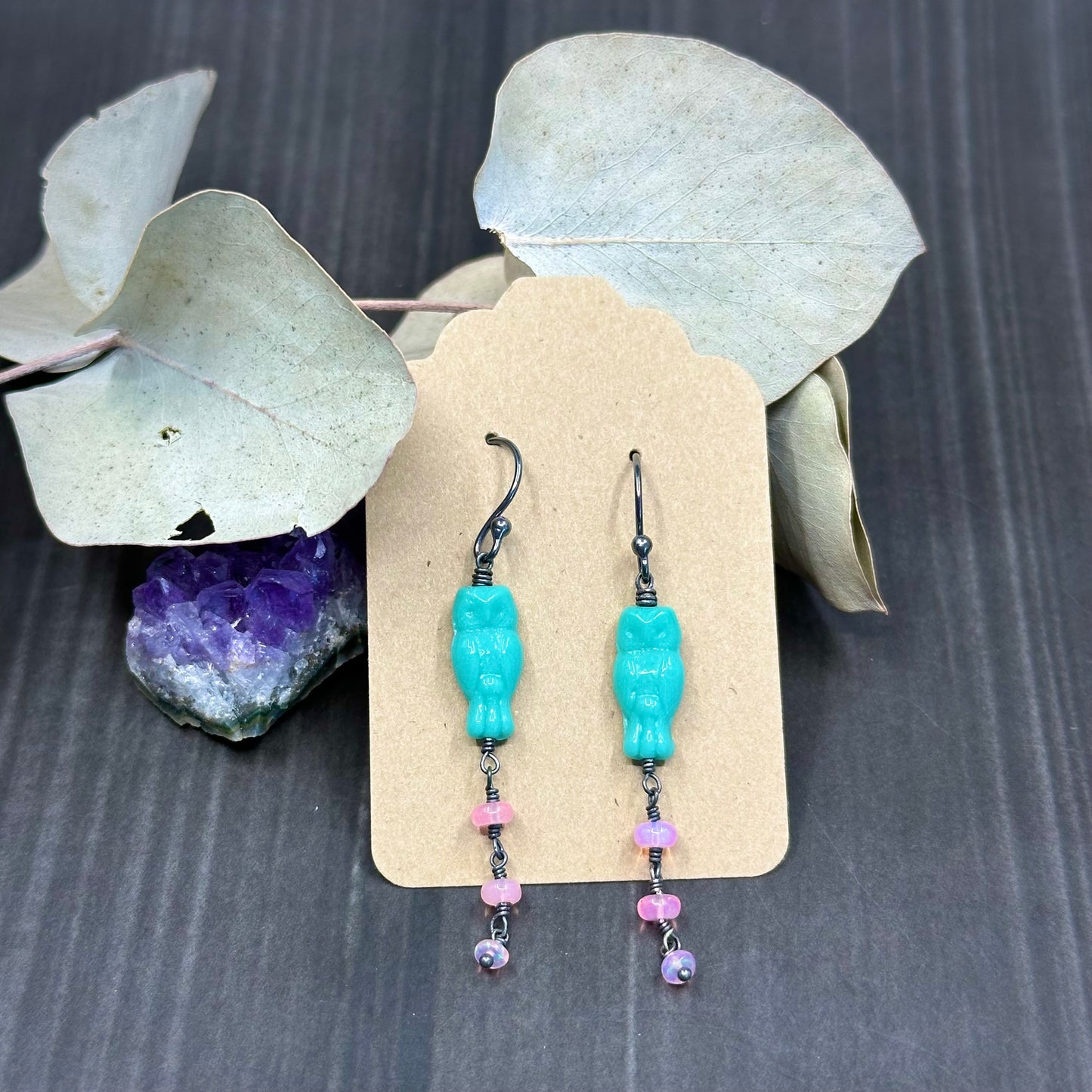 Minty blue czech glass owls with sparkling pink opals earrings in sterling silver