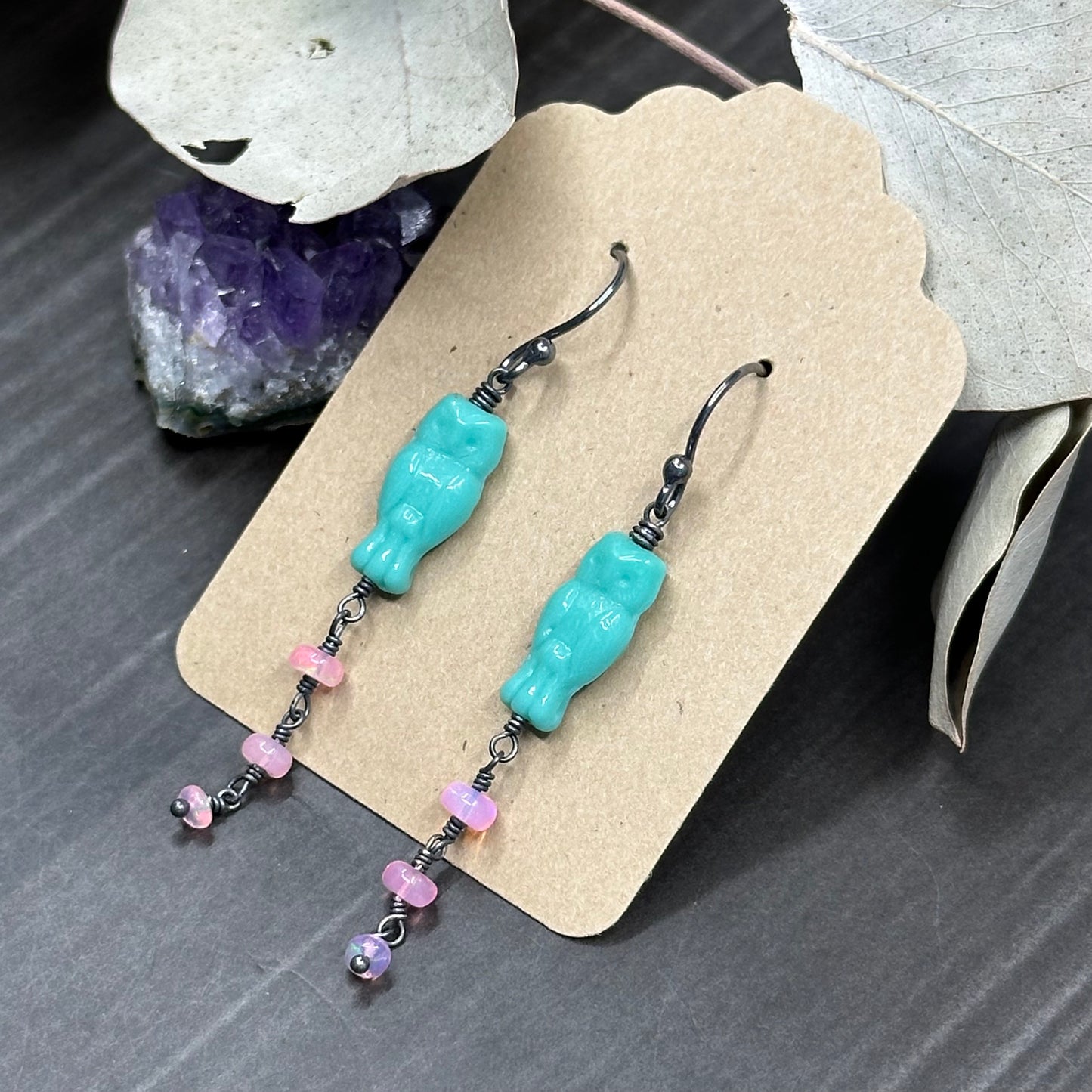 Minty blue czech glass owls with sparkling pink opals earrings in sterling silver