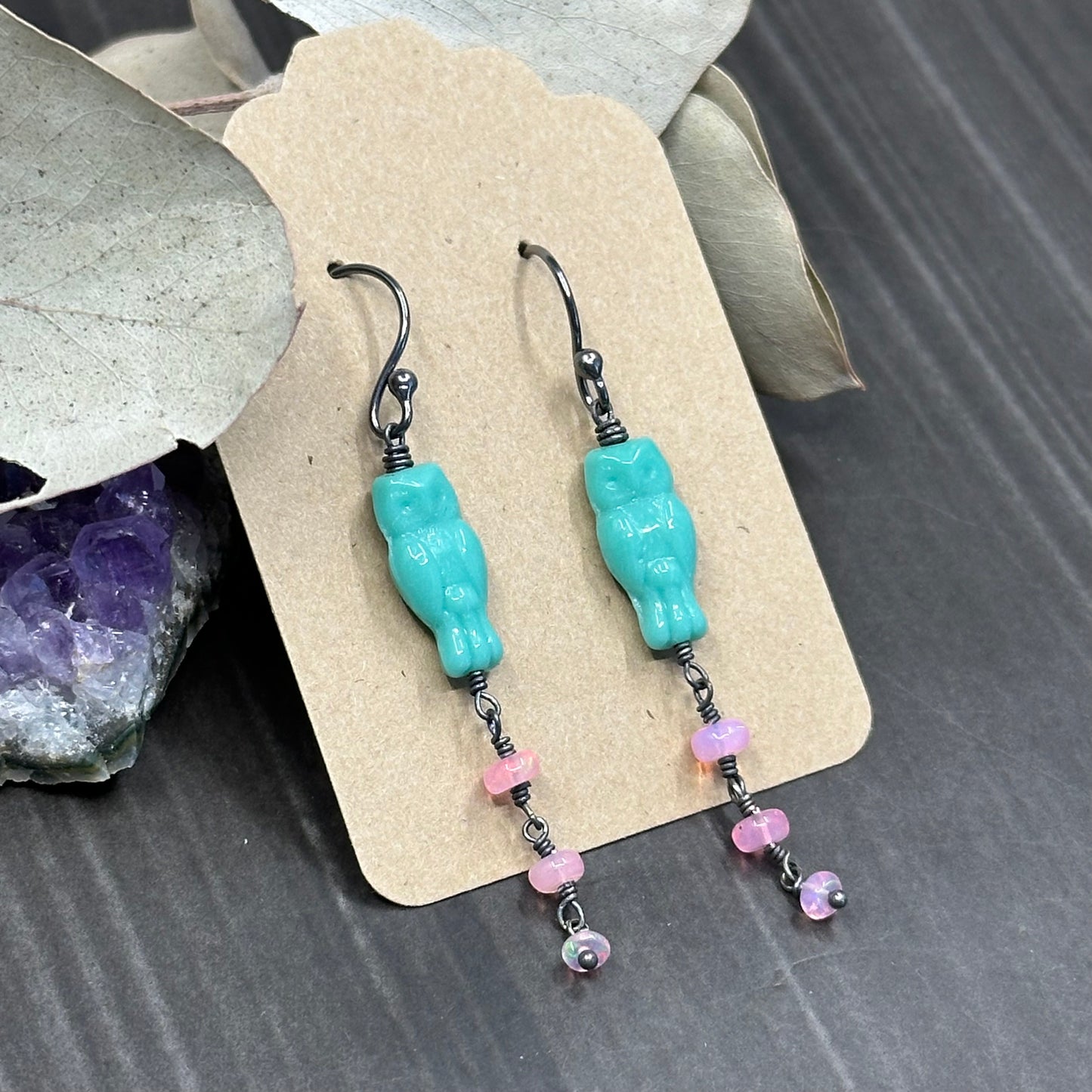 Minty blue czech glass owls with sparkling pink opals earrings in sterling silver