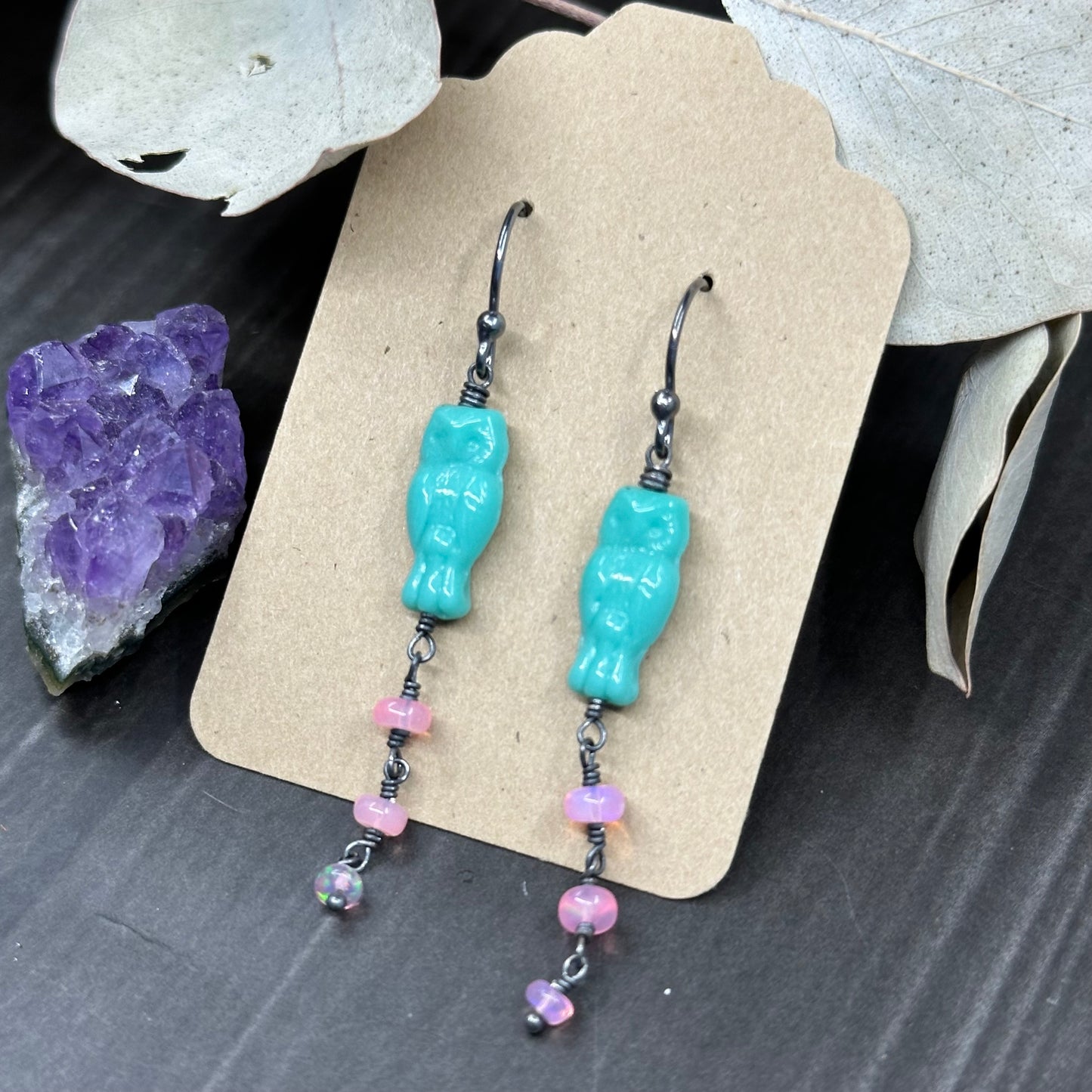 Minty blue czech glass owls with sparkling pink opals earrings in sterling silver