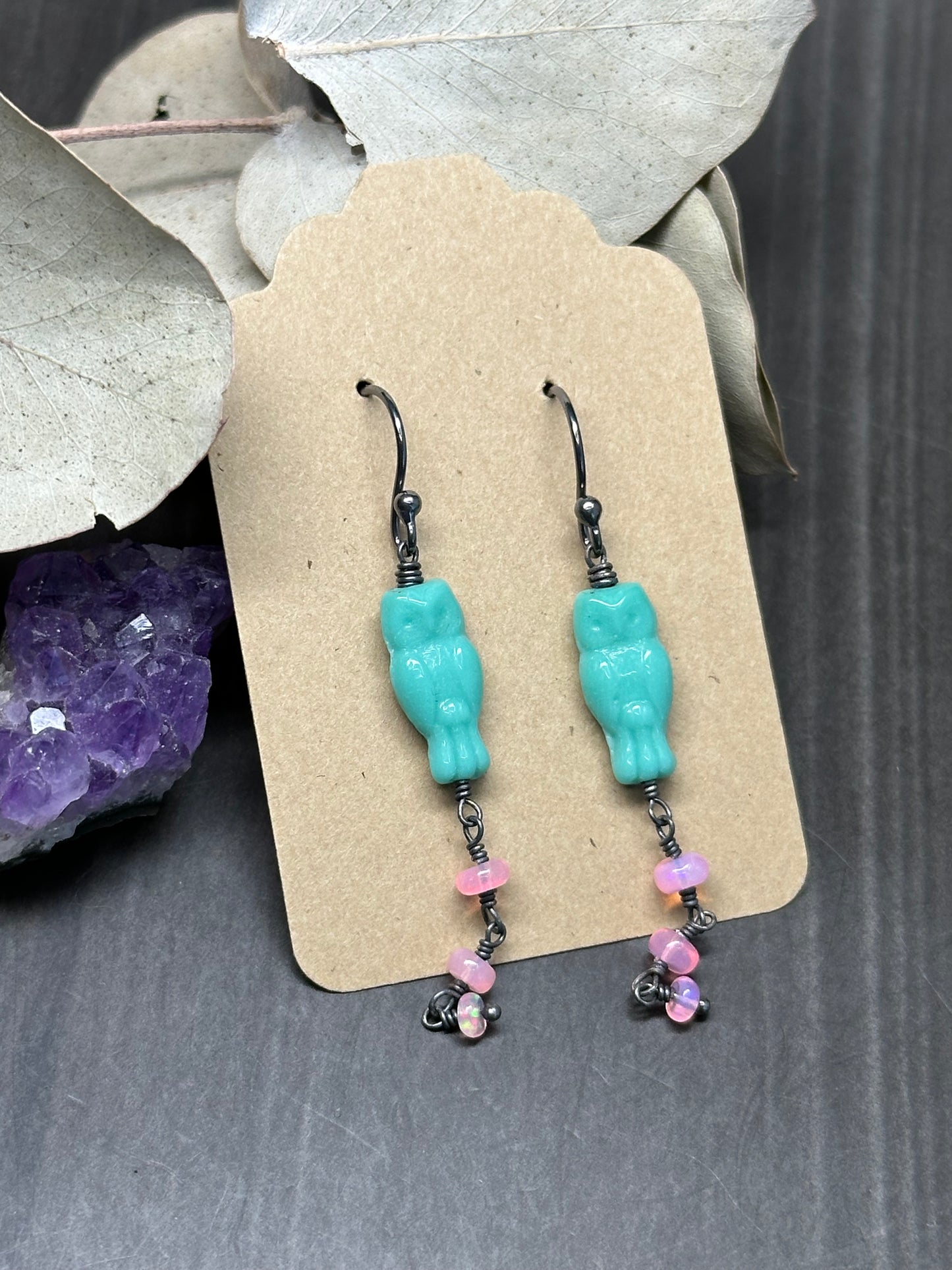 Minty blue czech glass owls with sparkling pink opals earrings in sterling silver