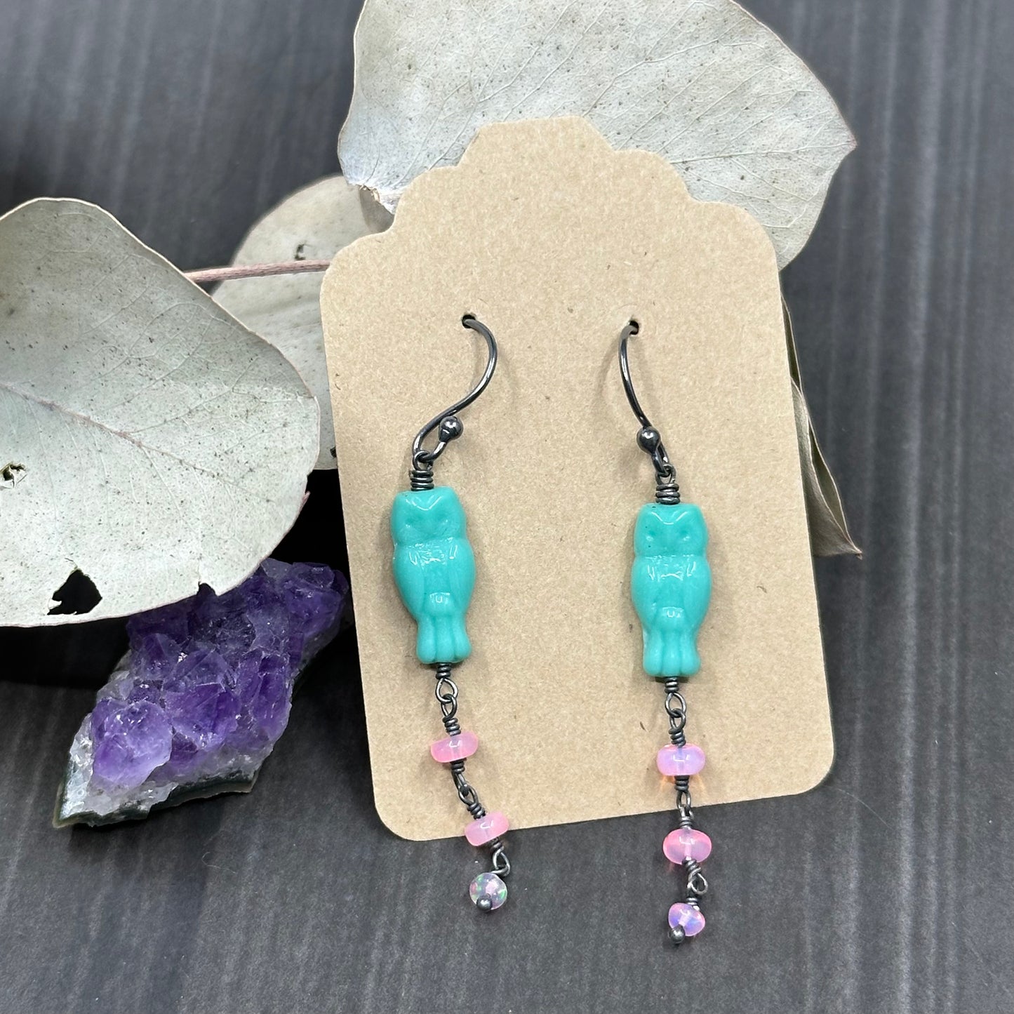 Minty blue czech glass owls with sparkling pink opals earrings in sterling silver
