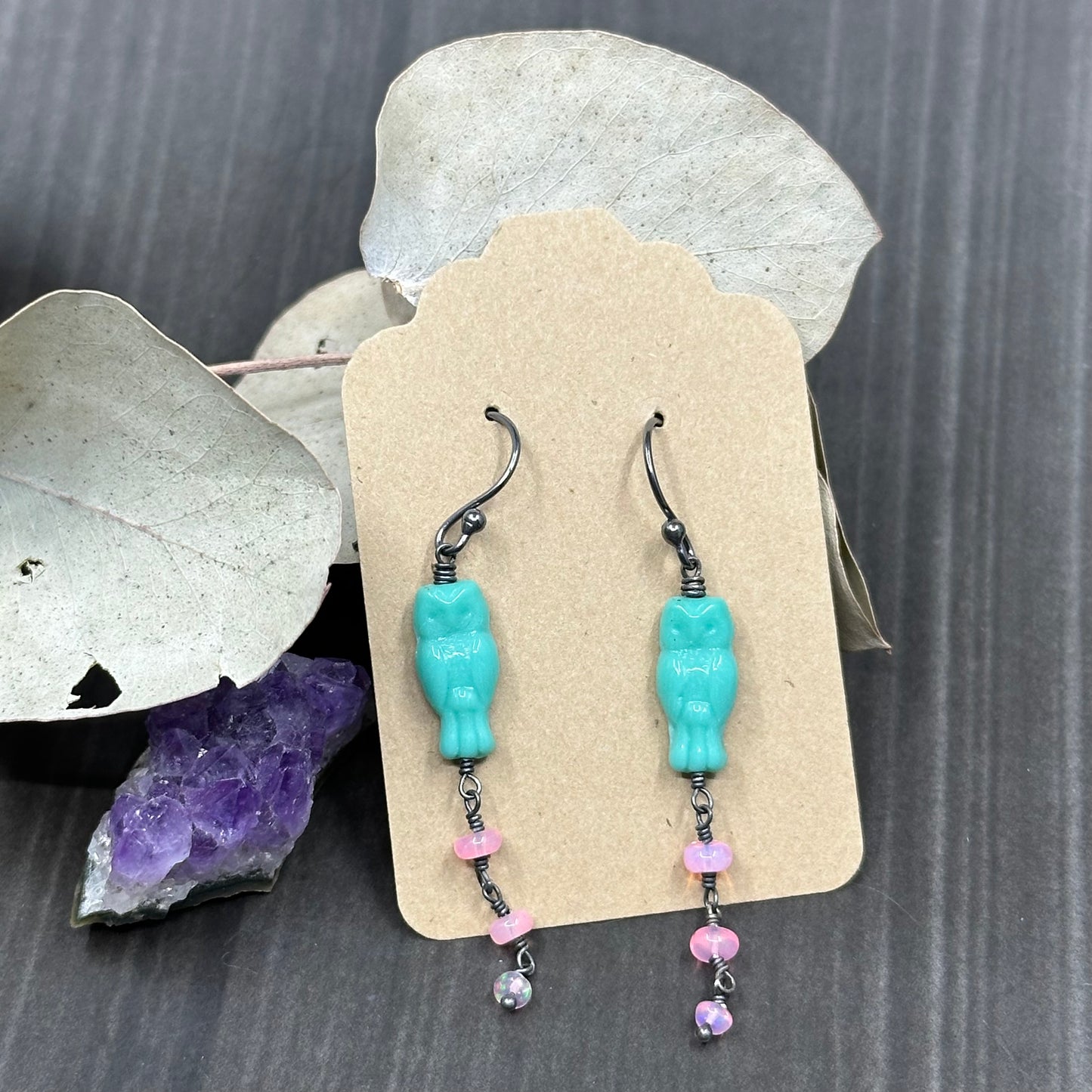 Minty blue czech glass owls with sparkling pink opals earrings in sterling silver