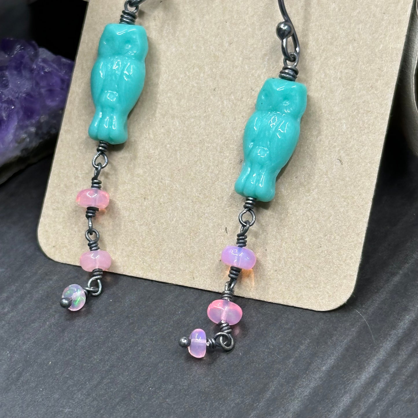 Minty blue czech glass owls with sparkling pink opals earrings in sterling silver