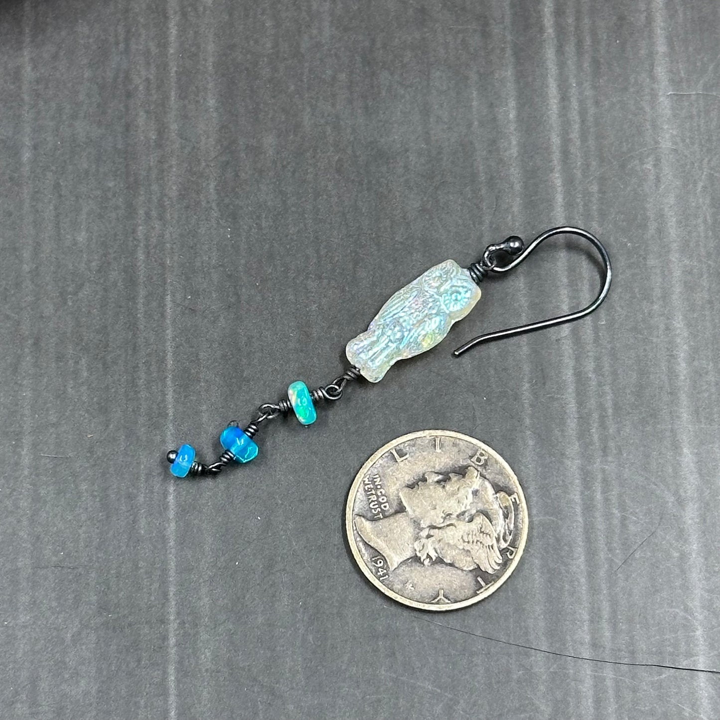Moonstruck white with luster finish czech glass owls with sparkling Caribbean blue opals earrings