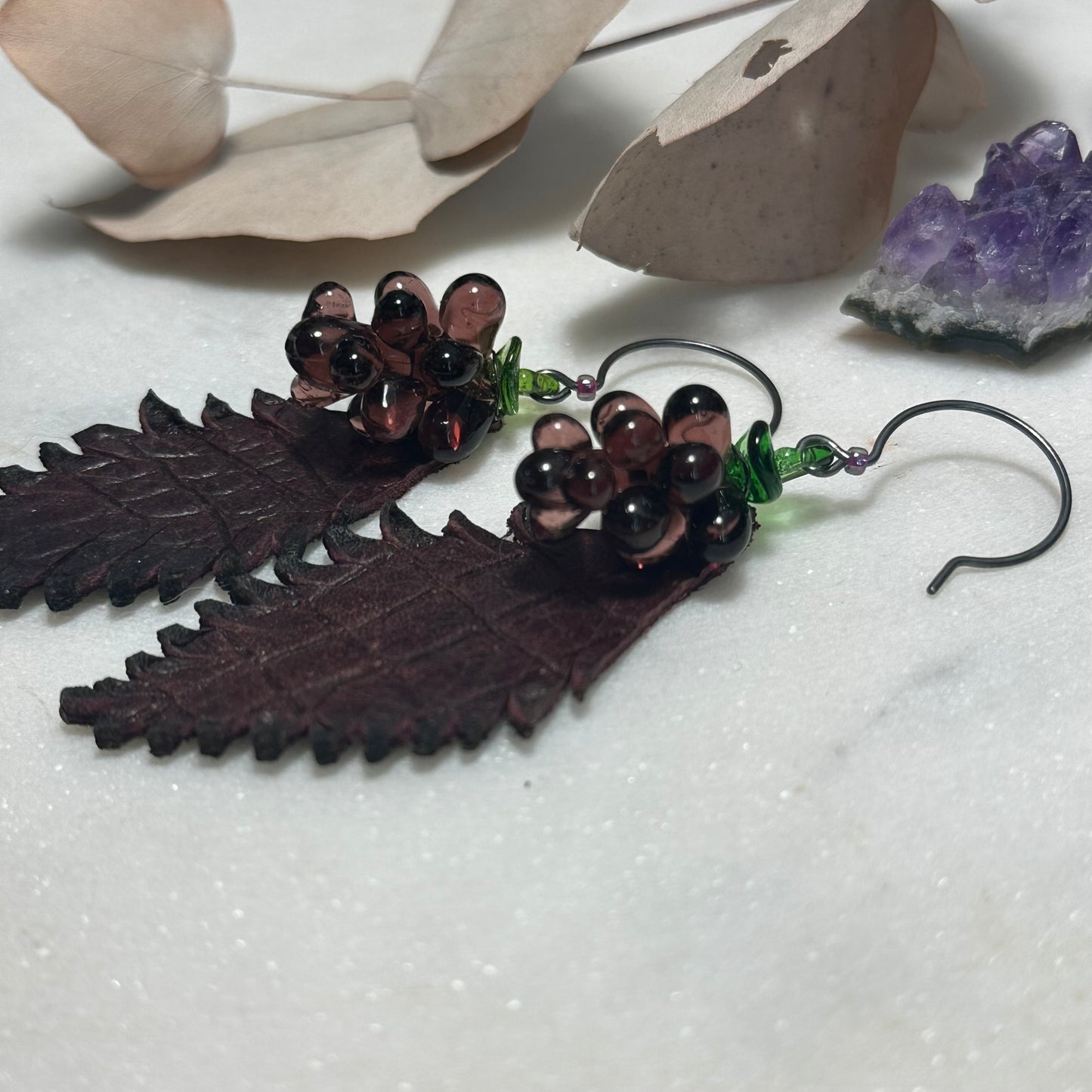 Glass Grapes and Artisan Leather Feather Earrings with Sterling Silver