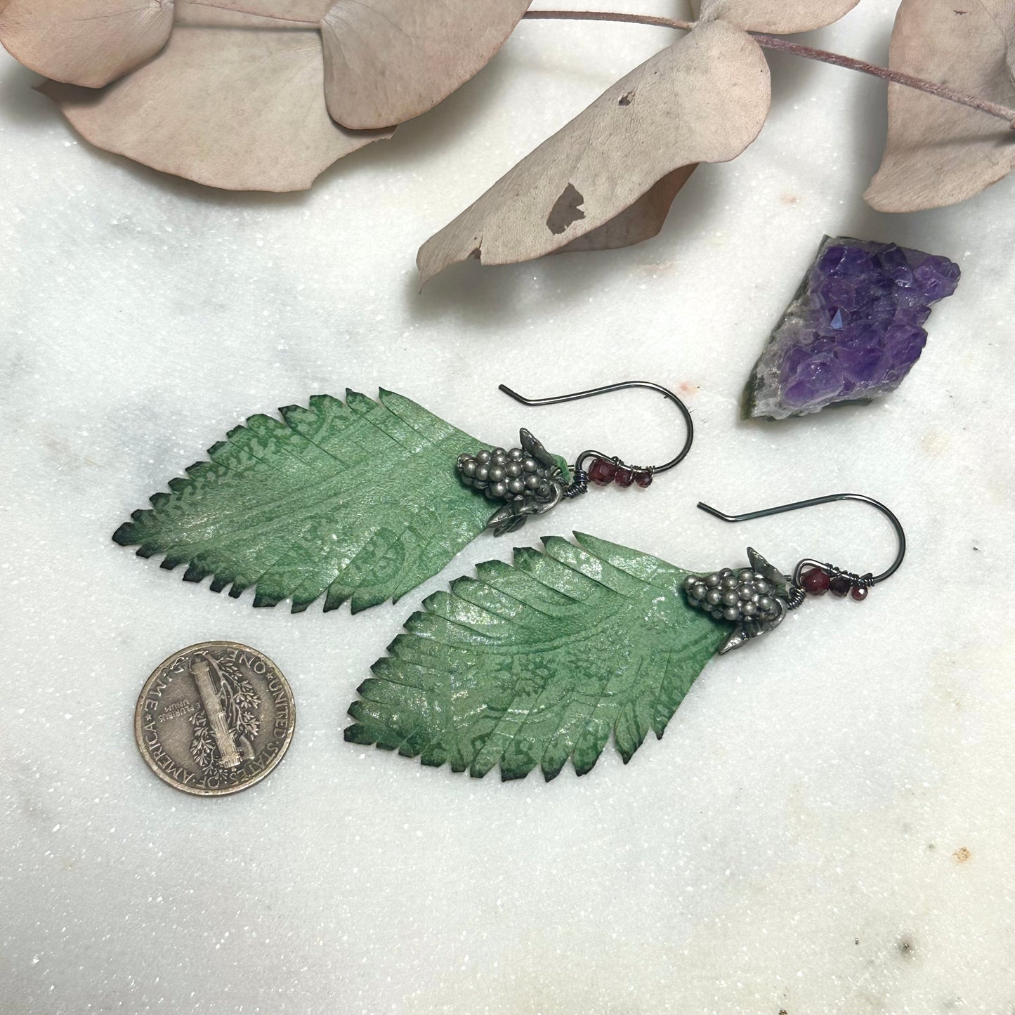 Leather feather, pewter grapes, and garnet Earrings with Sterling Silver