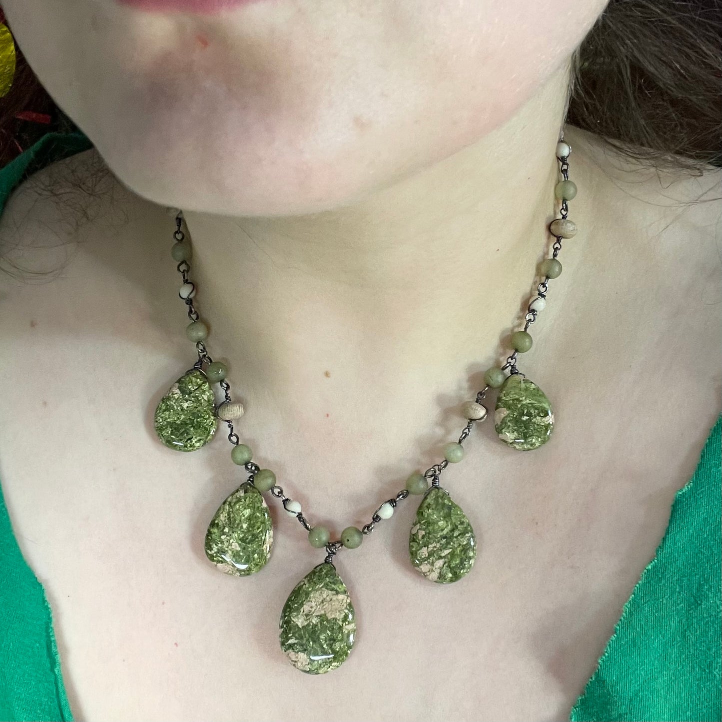 Unakite, Sea Glass, Wood, and Sterling Silver Necklace