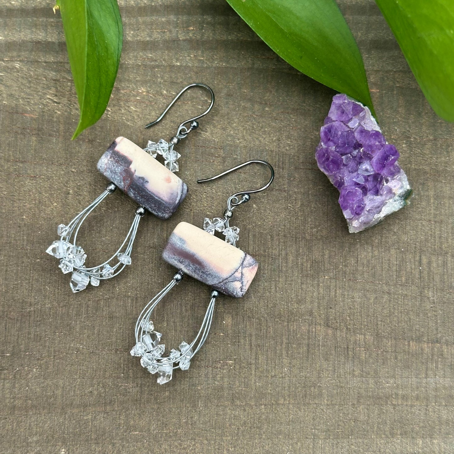 Porcelain Jasper and Quartz Diamond Earrings in Sterling Silver