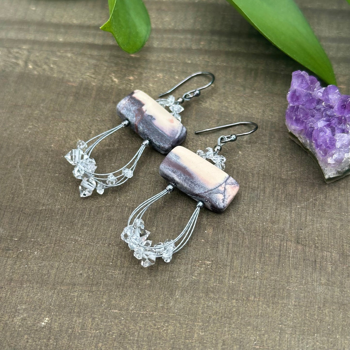 Porcelain Jasper and Quartz Diamond Earrings in Sterling Silver