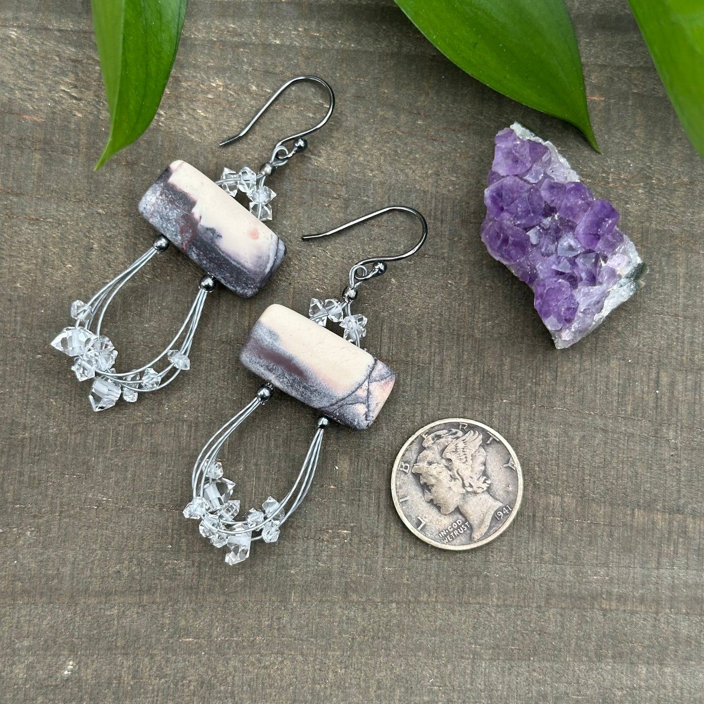 Porcelain Jasper and Quartz Diamond Earrings in Sterling Silver
