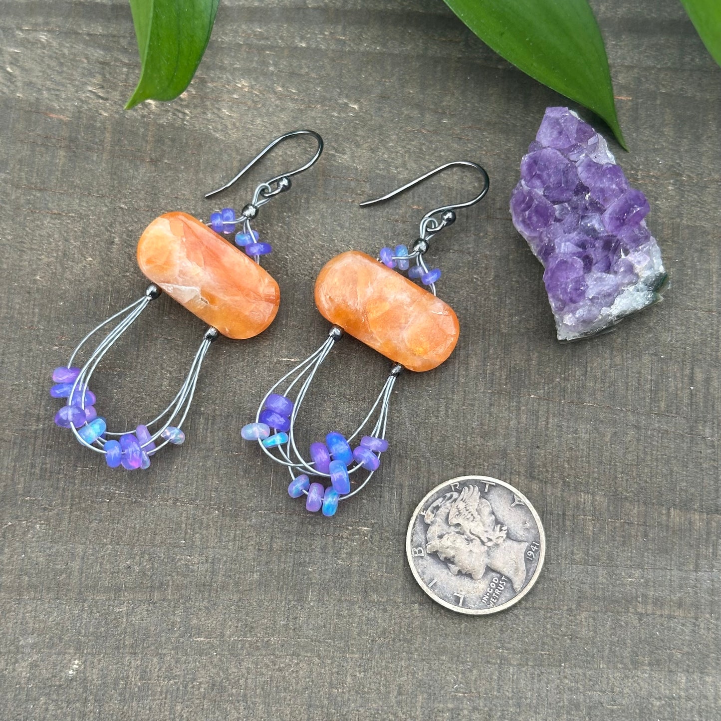 Orange Calcite and Purple Opal Earrings with Sterling Silver