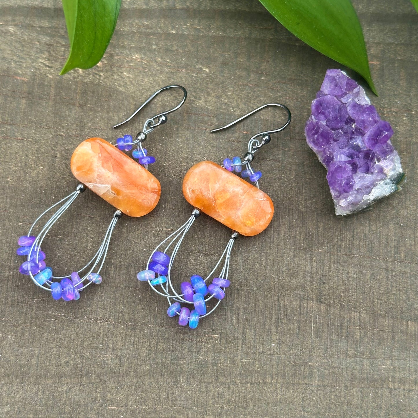 Orange Calcite and Purple Opal Earrings with Sterling Silver