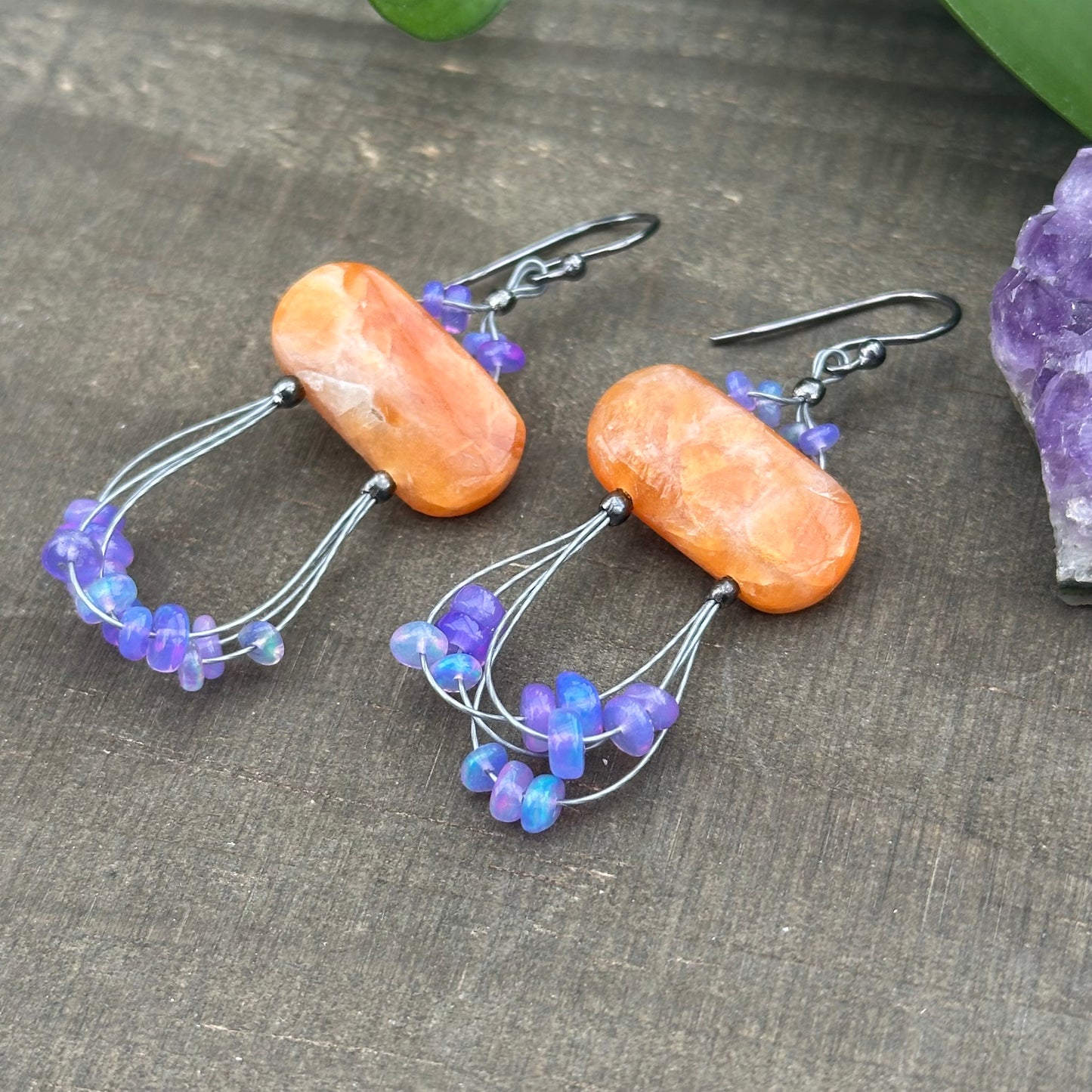Orange Calcite and Purple Opal Earrings with Sterling Silver