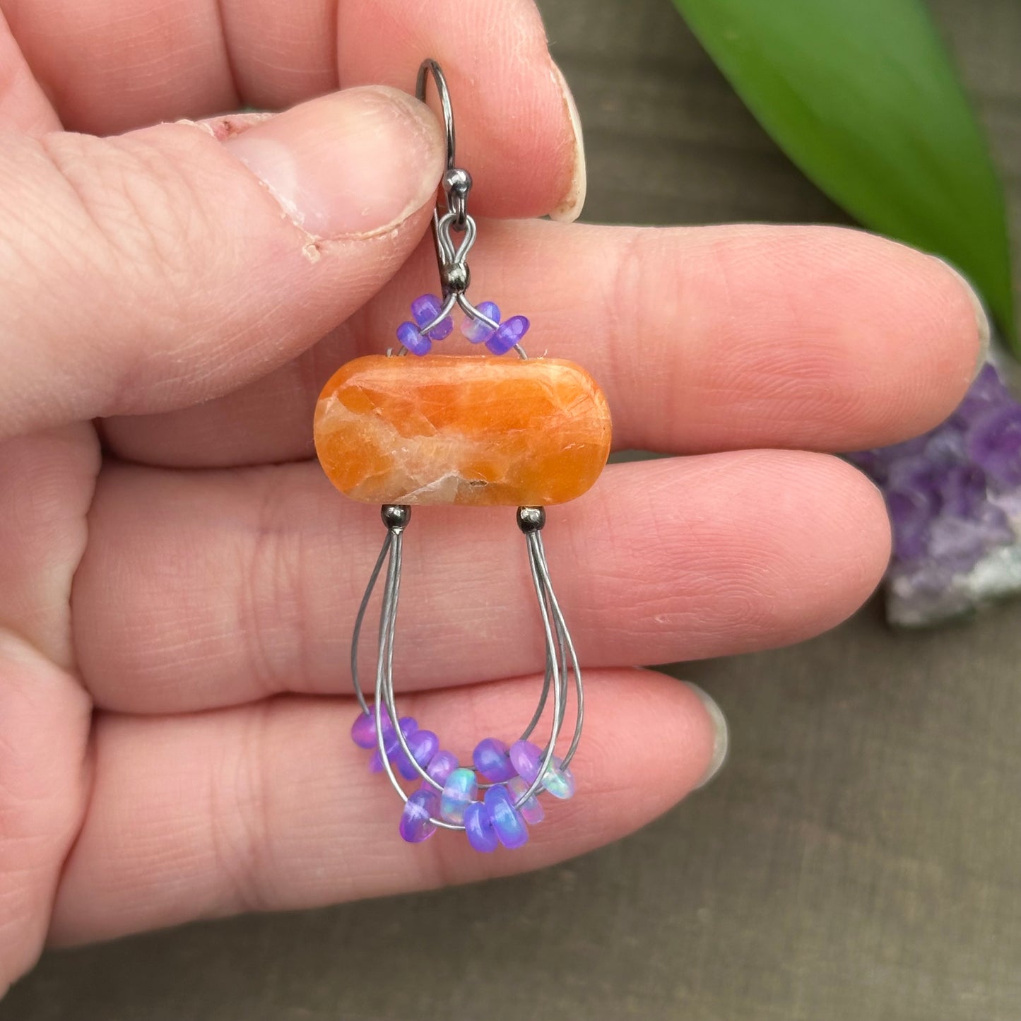 Orange Calcite and Purple Opal Earrings with Sterling Silver