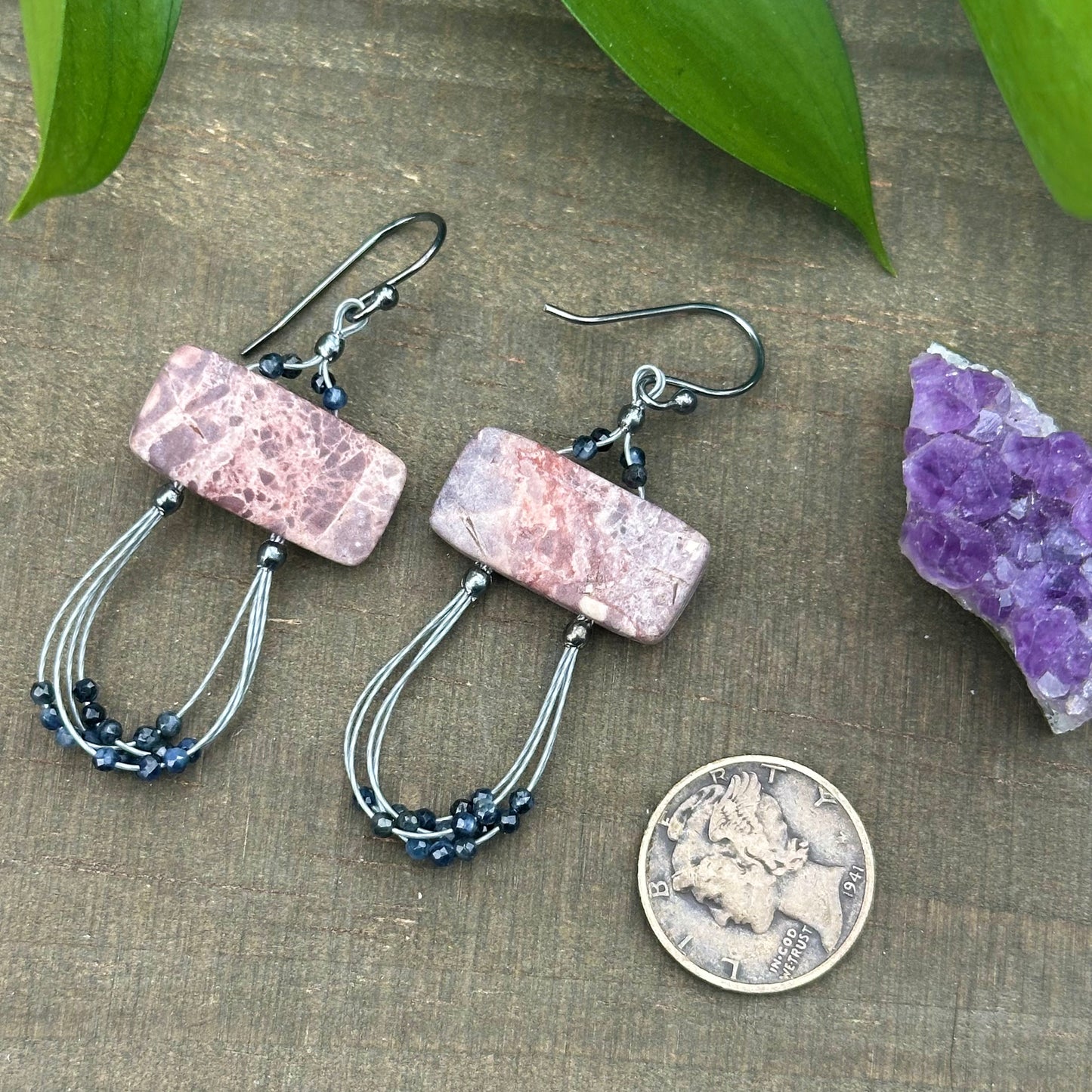 Porcelain Jasper, Sapphire, and Sterling Silver Earrings