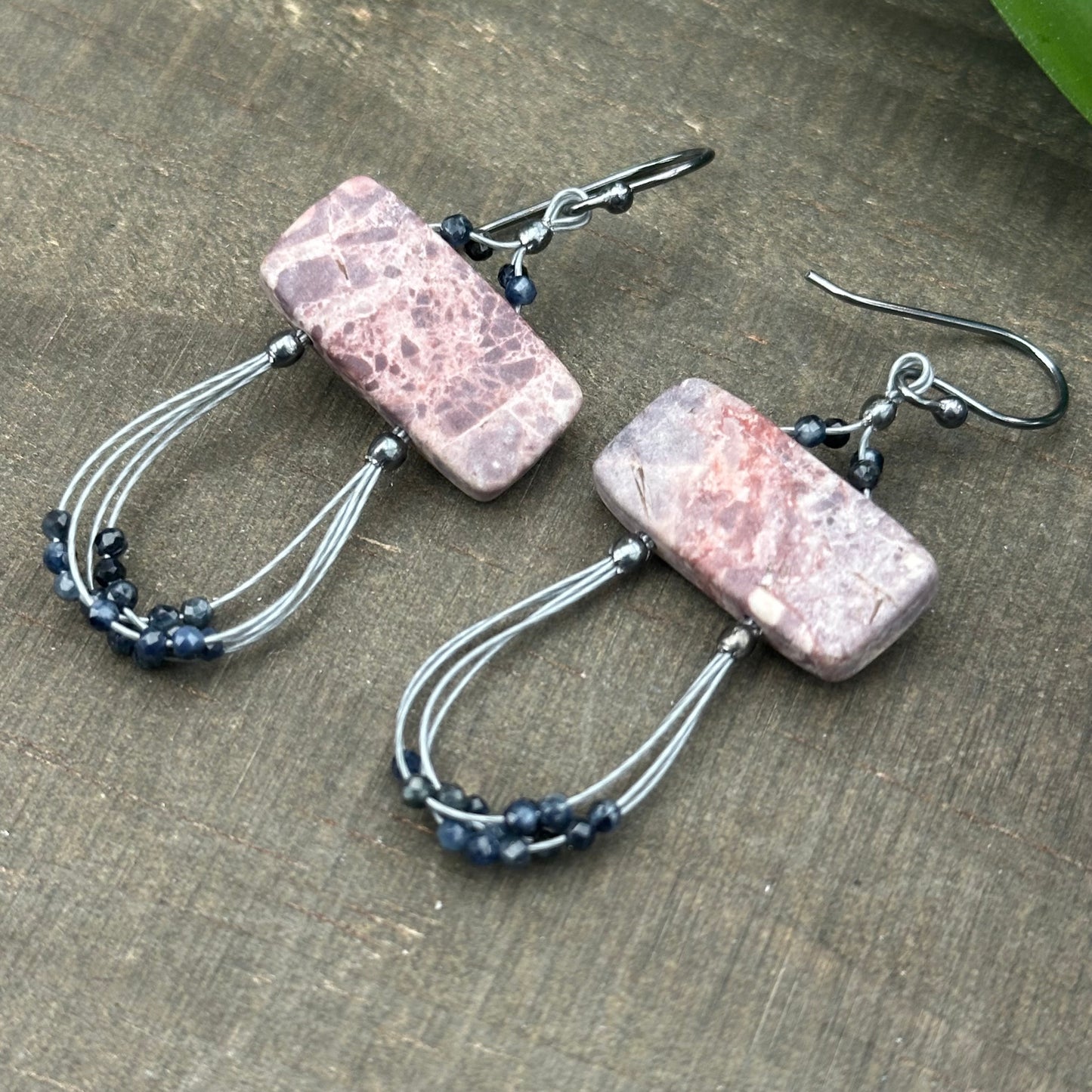 Porcelain Jasper, Sapphire, and Sterling Silver Earrings