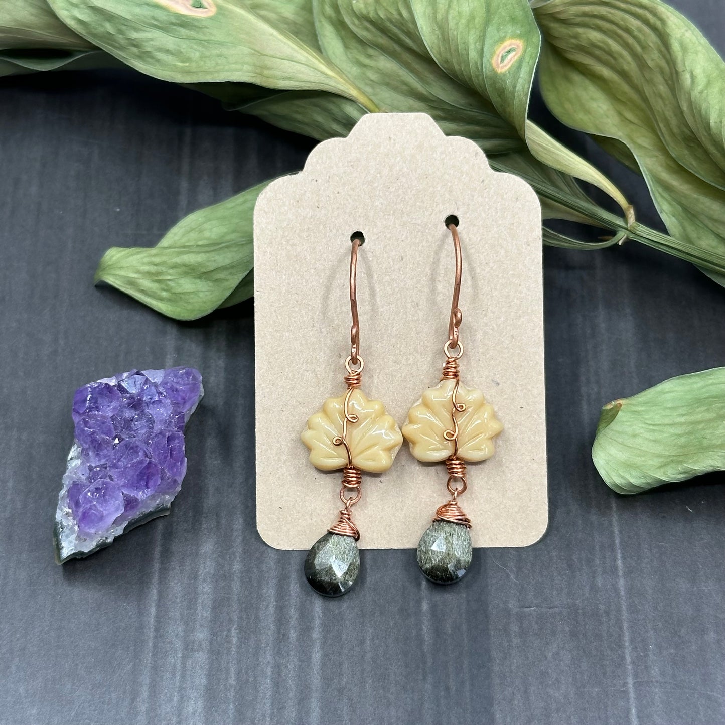 Golden Obsidian, Czech Glass, and copper Ornate Leaf Earrings
