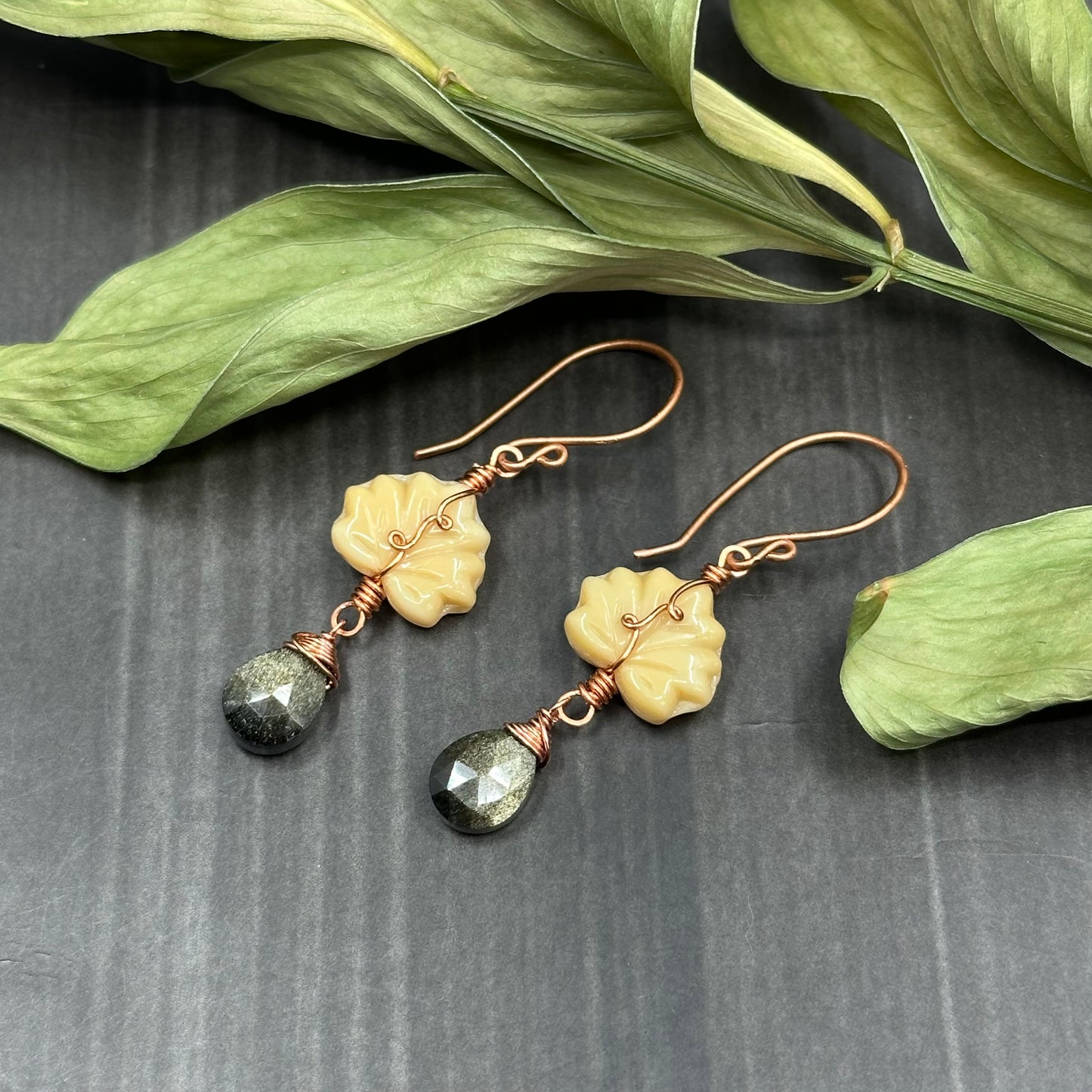 Golden Obsidian, Czech Glass, and copper Ornate Leaf Earrings