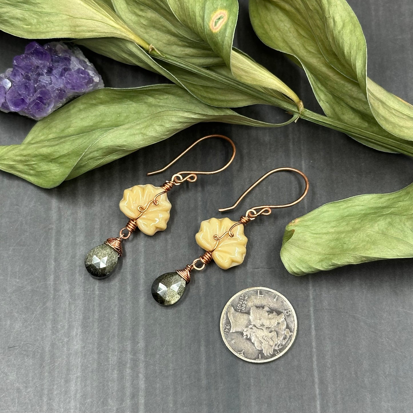 Golden Obsidian, Czech Glass, and copper Ornate Leaf Earrings