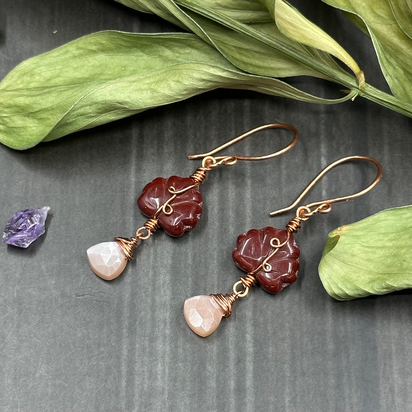 Peach Moonstone, Czech Glass, and Copper - Ornate Leaf Earrings