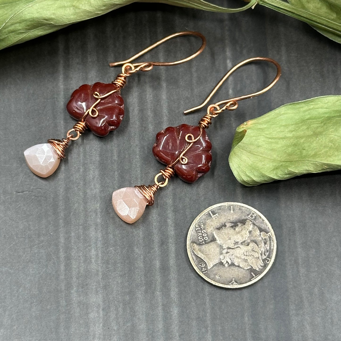 Peach Moonstone, Czech Glass, and Copper - Ornate Leaf Earrings