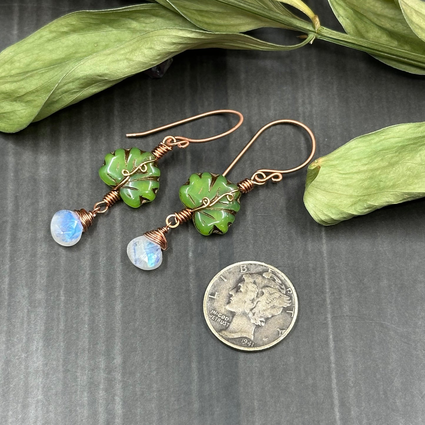 Rainbow Moonstone, Czech Glass, and Copper - Ornate Leaf Earrings