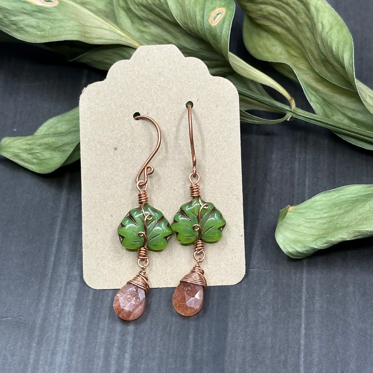 Sparkling Sunstone, Czech Glass, and Copper - Ornate Leaf Earrings