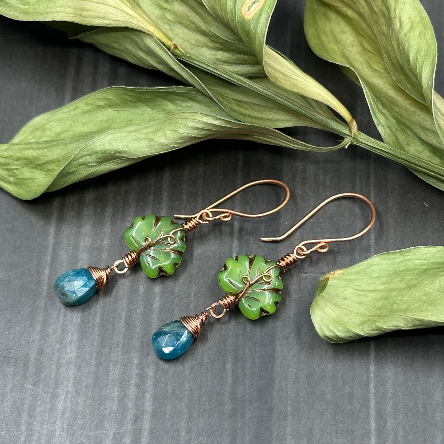 Apatite, Czech Glass, and Copper - Ornate Leaf Earrings