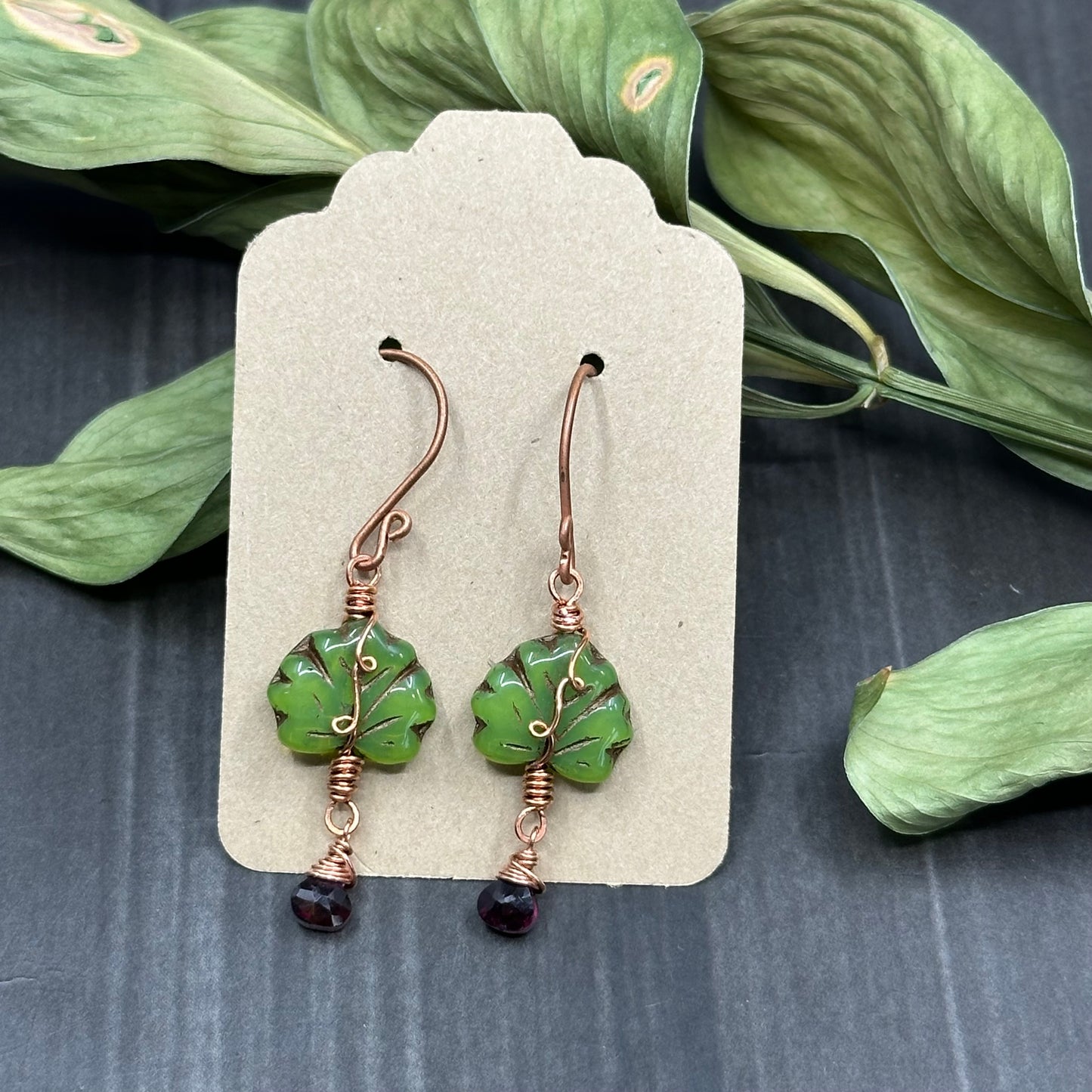 Deep Garnet, Czech Glass, and Copper - Ornate Leaf Earrings