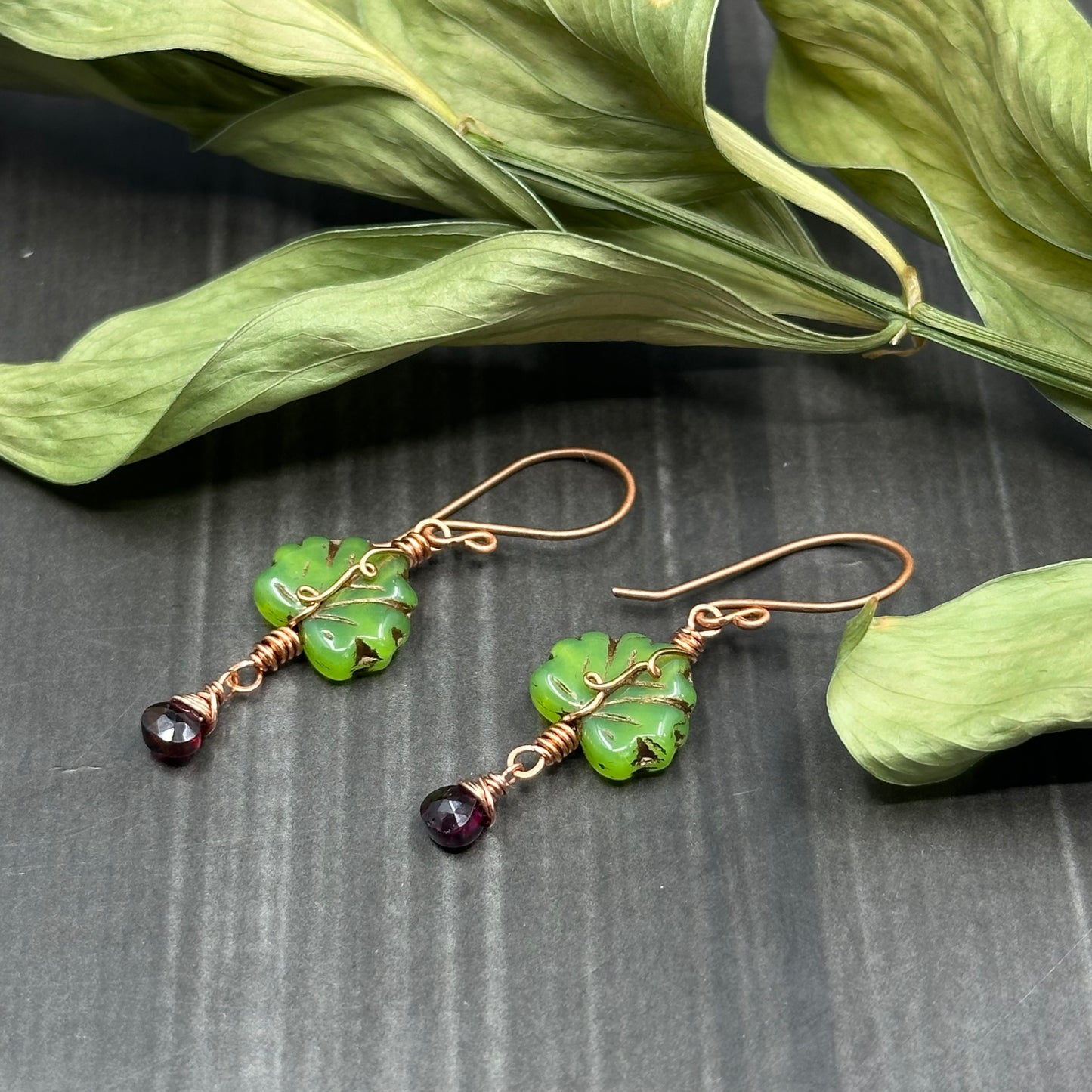 Deep Garnet, Czech Glass, and Copper - Ornate Leaf Earrings