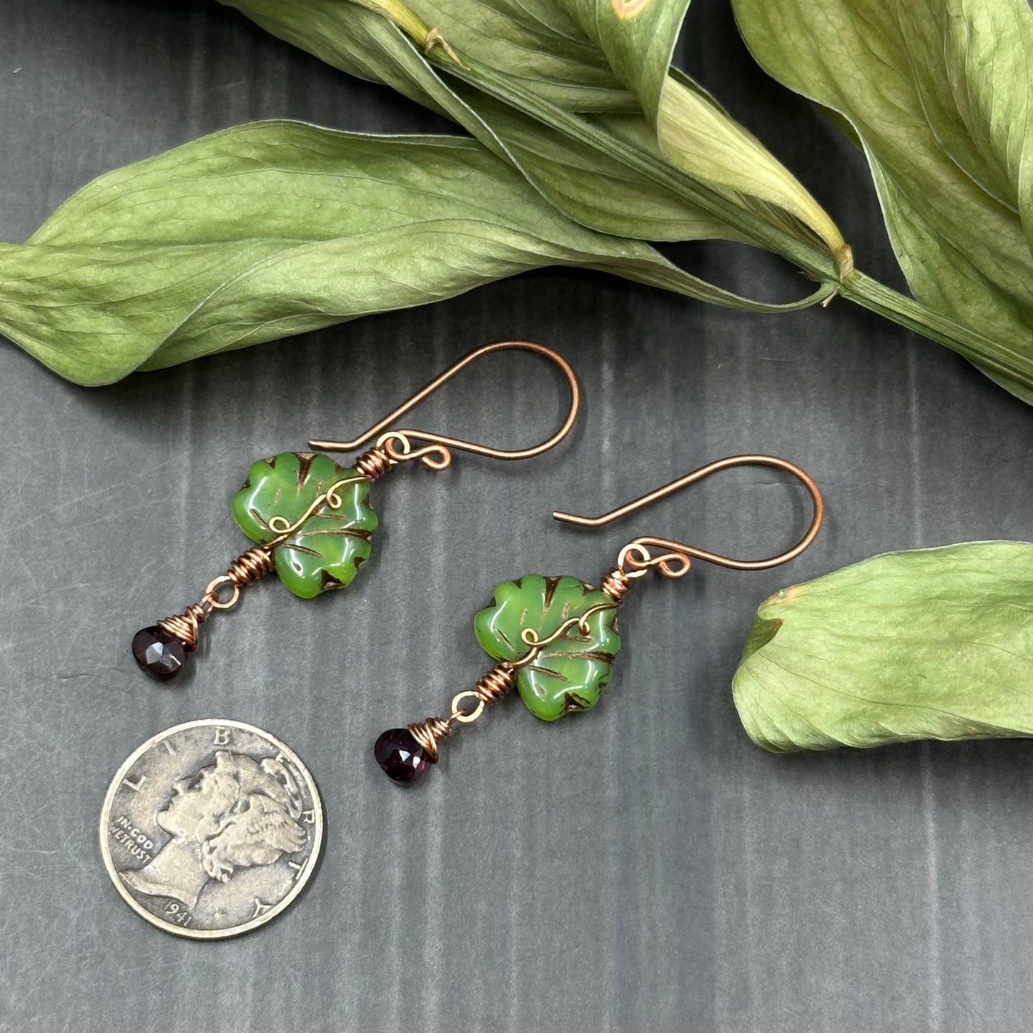 Deep Garnet, Czech Glass, and Copper - Ornate Leaf Earrings