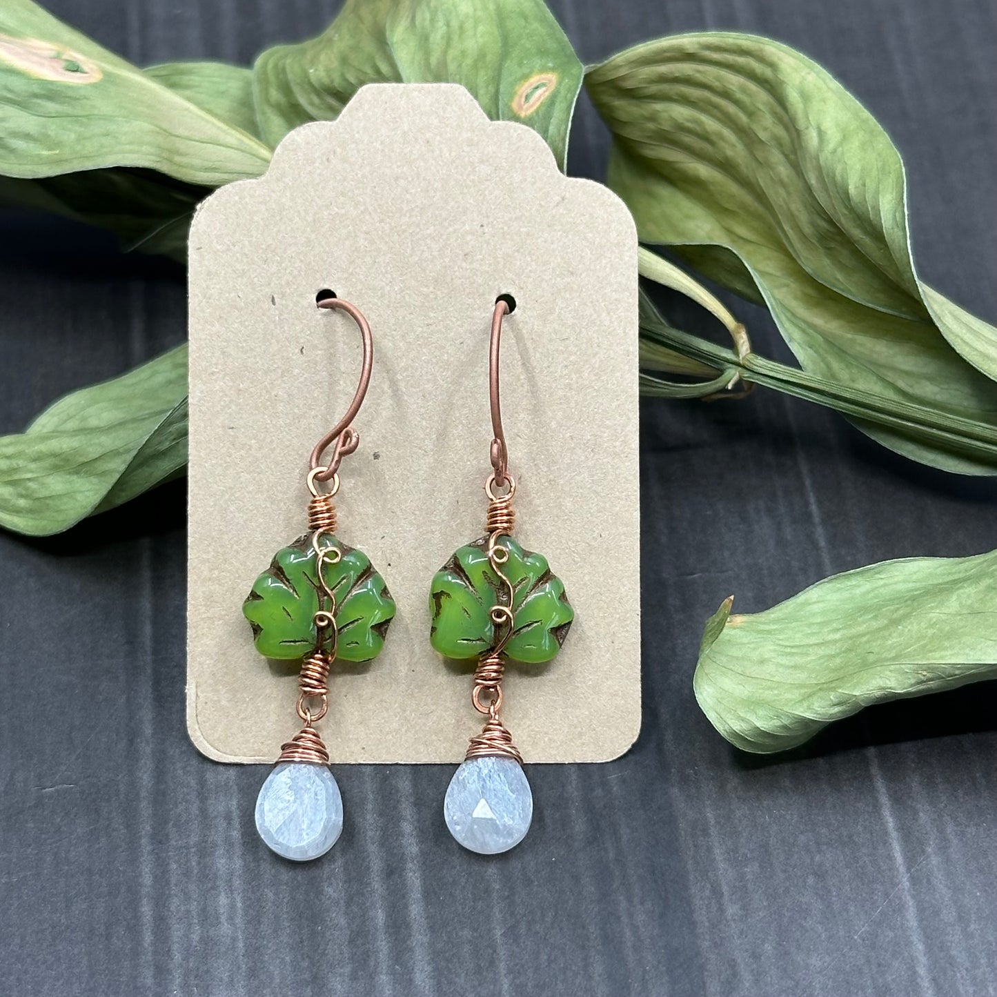 Gray Moonstone, Czech Glass, and Copper - Ornate Leaf Earrings