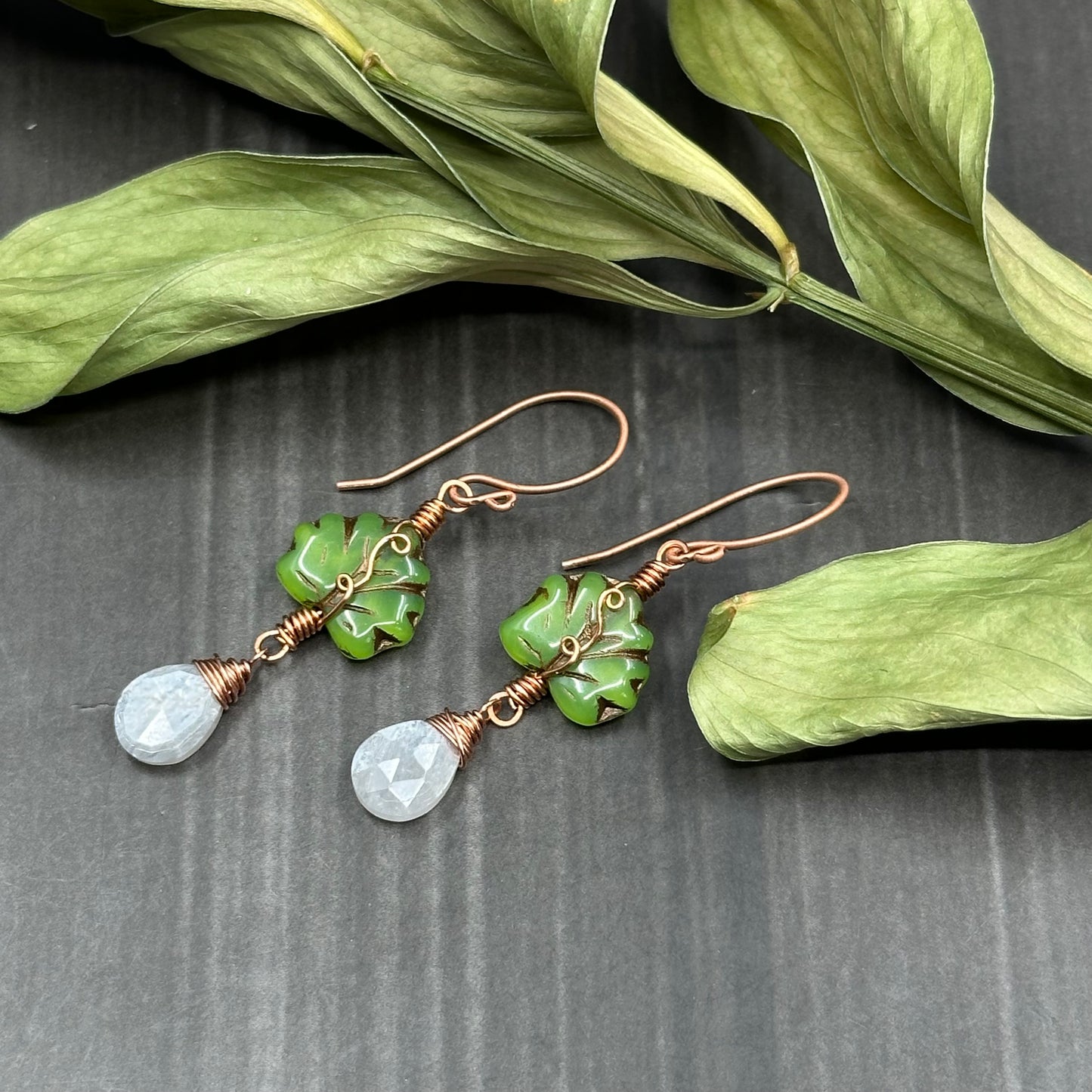 Gray Moonstone, Czech Glass, and Copper - Ornate Leaf Earrings